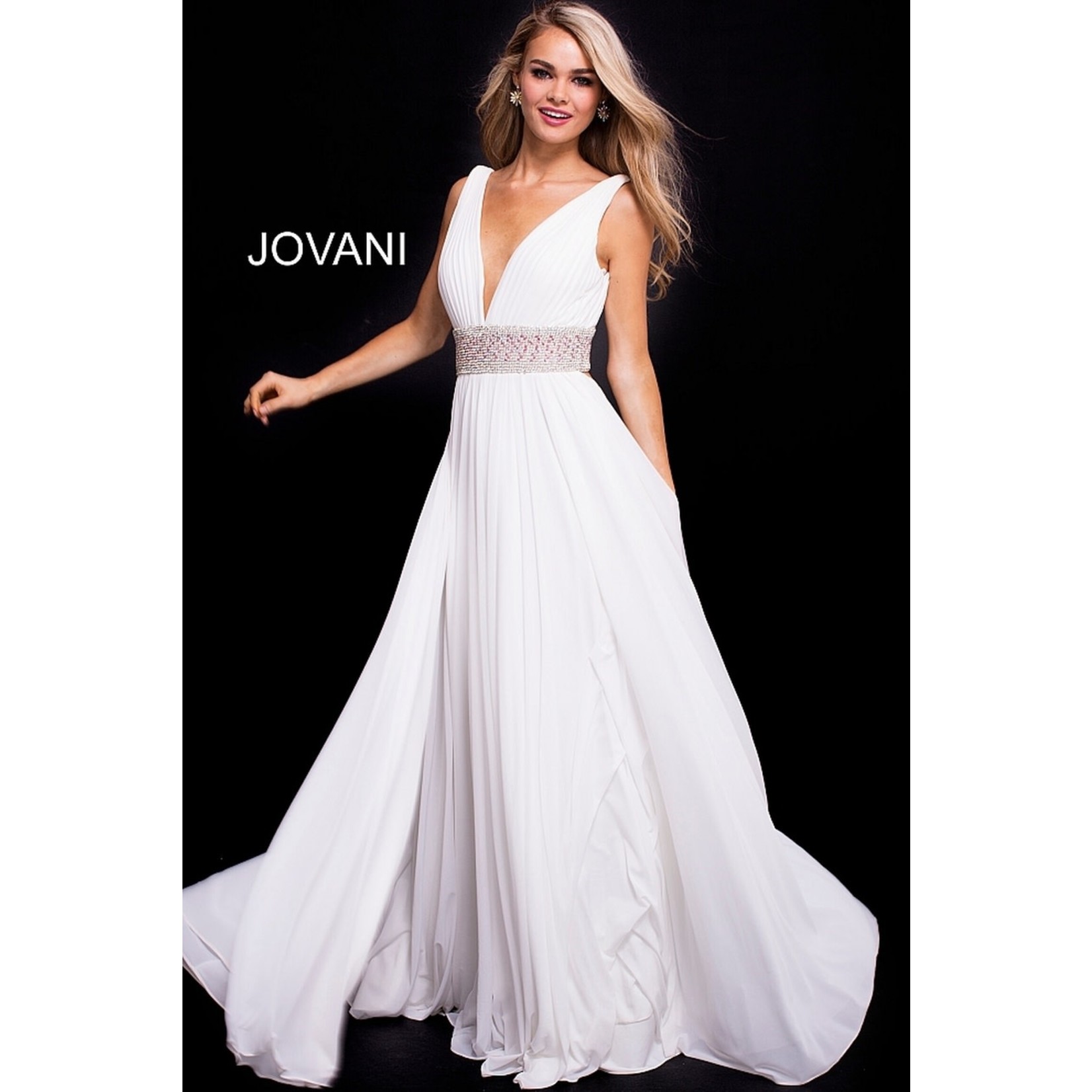 Jovani 48069A Deep V Rhinestone Waist Band Gown