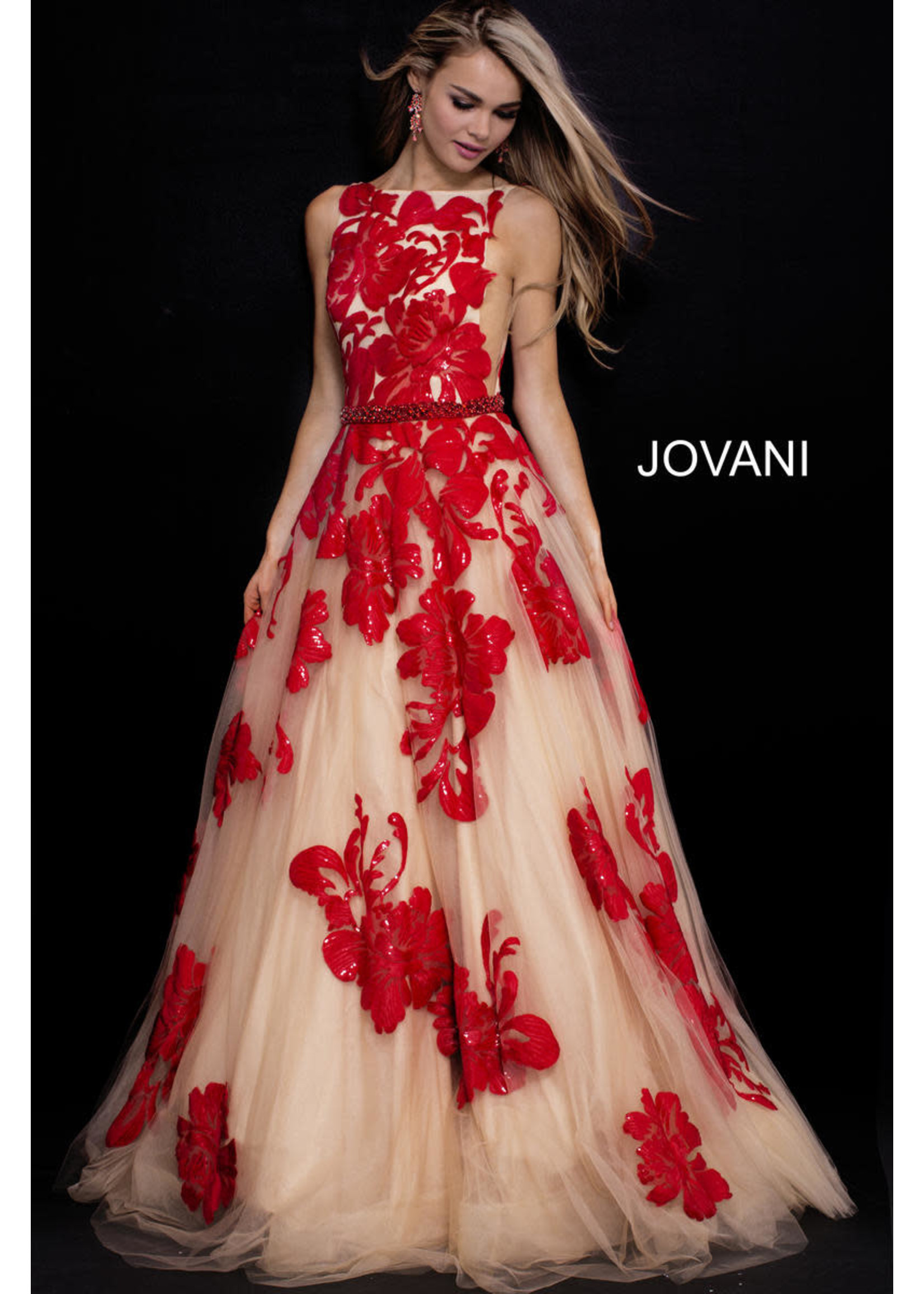 Jovani 48320A Red Flowered Gown