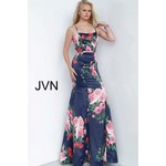 Jovani JVN1110A Navy Floral Straight Neck Gown