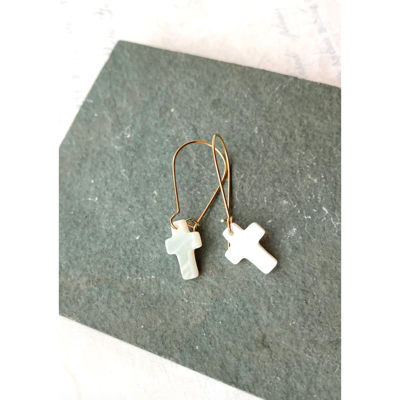 Red Truck Designs Cross Earrings Petite White Mother of Pearl Crucifix