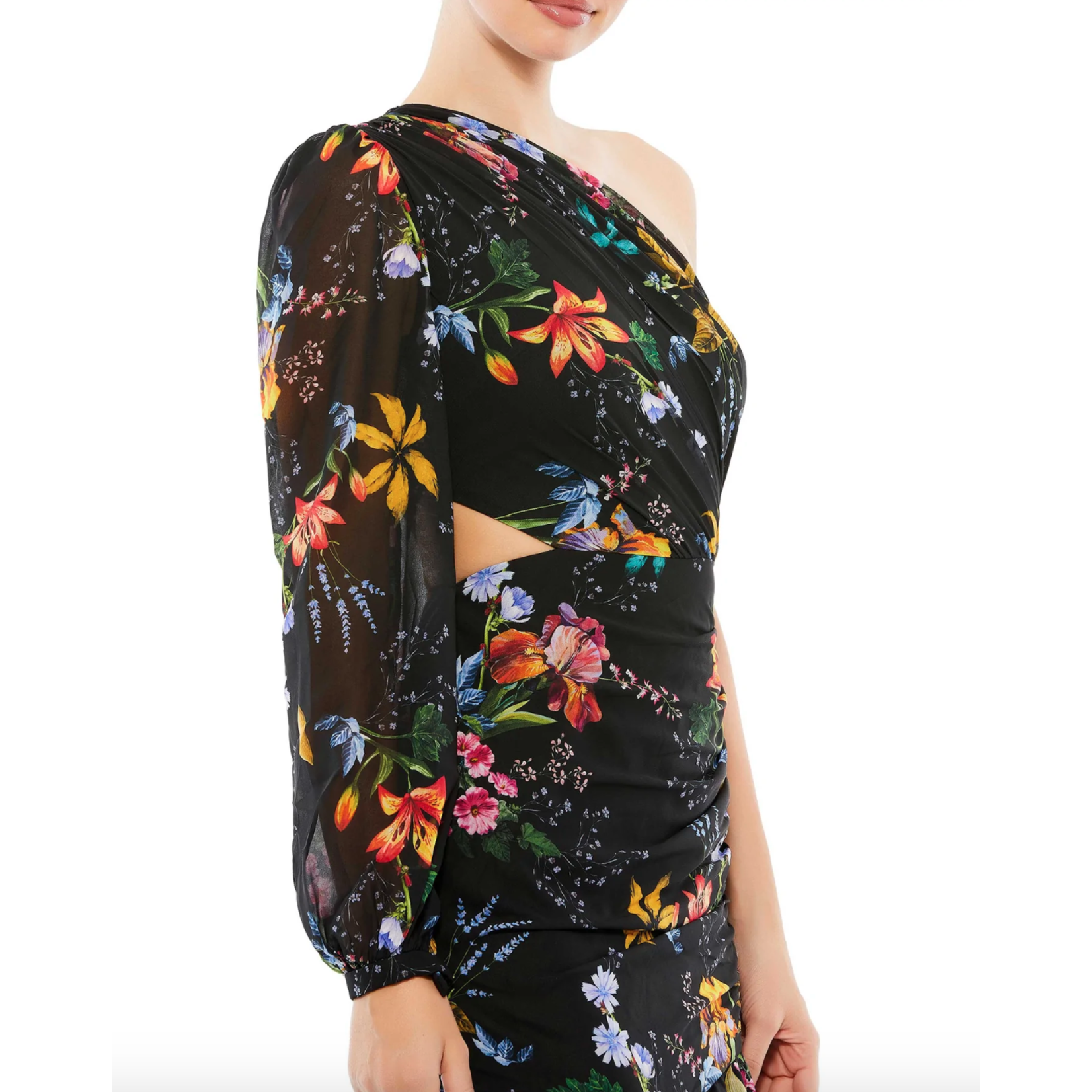 Ieena MacD 55668 Floral One Sleeve Cut Out Dress