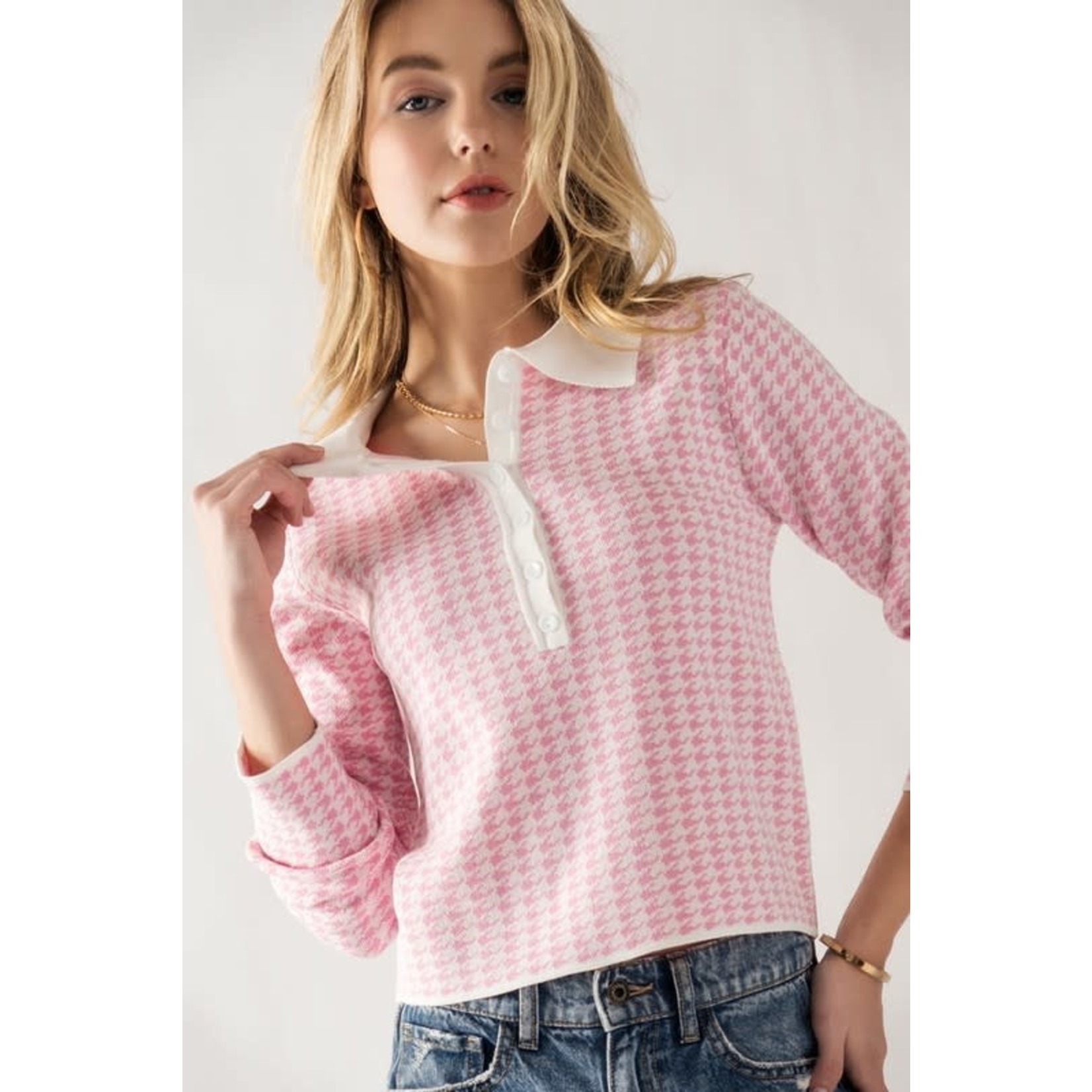 Trend Notes Houndstooth Notched Collar Sweater