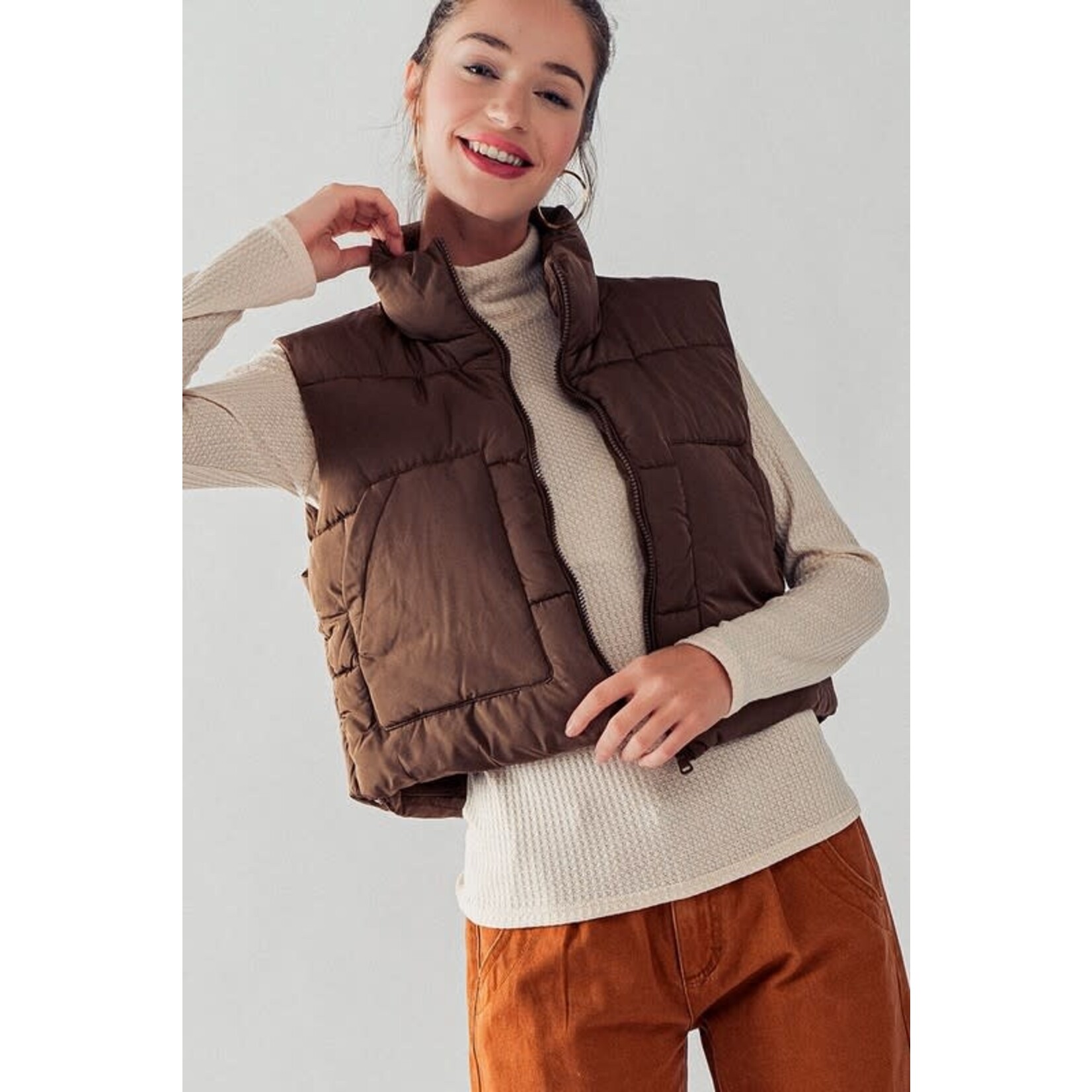 Trend Notes Stand Collar Big Pocket Quilt Cropped Puffer Vest