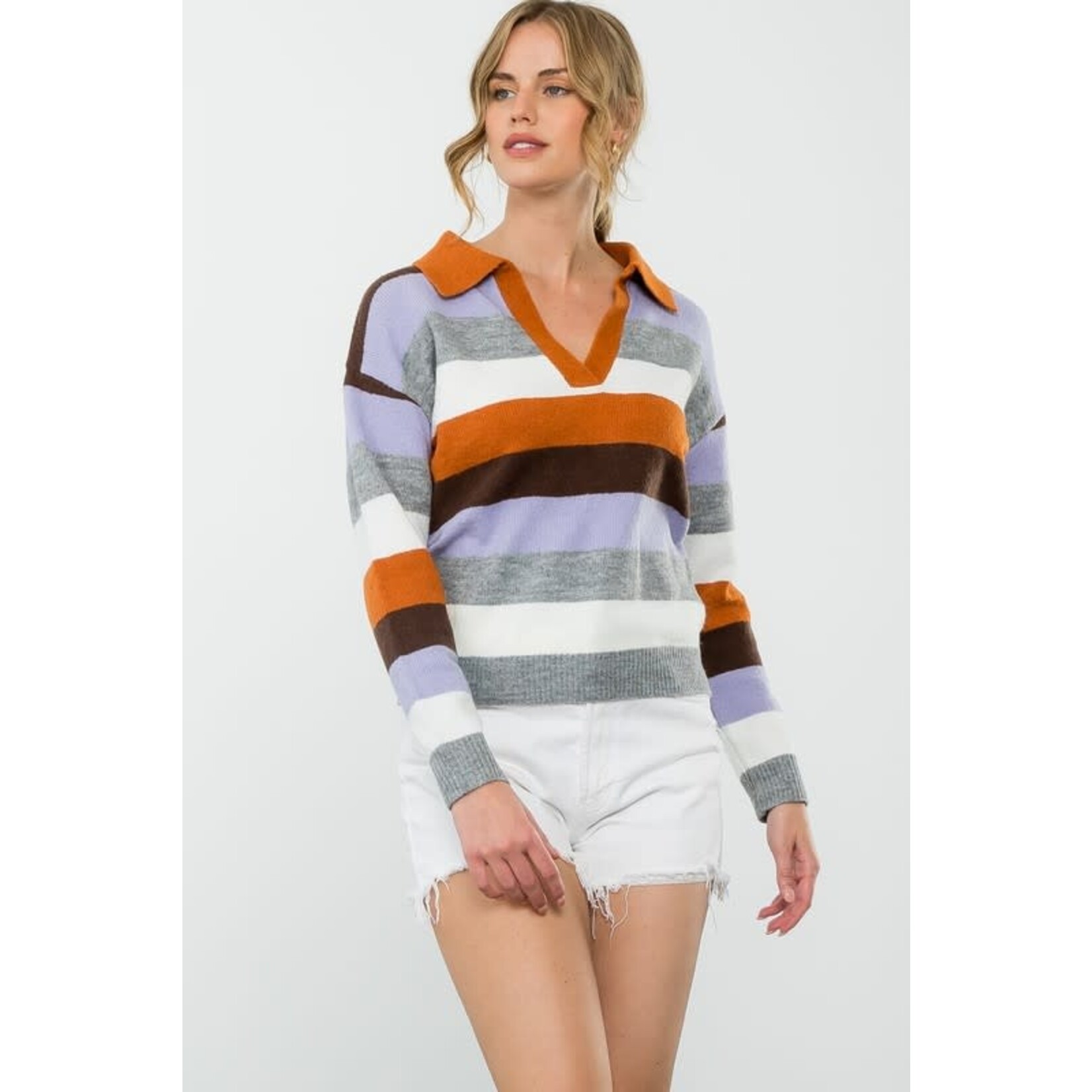 THML V-Neck Collared Stripe Sweater