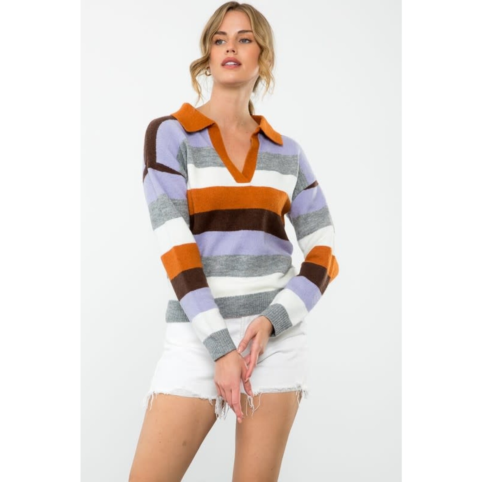 THML V-Neck Collared Stripe Sweater