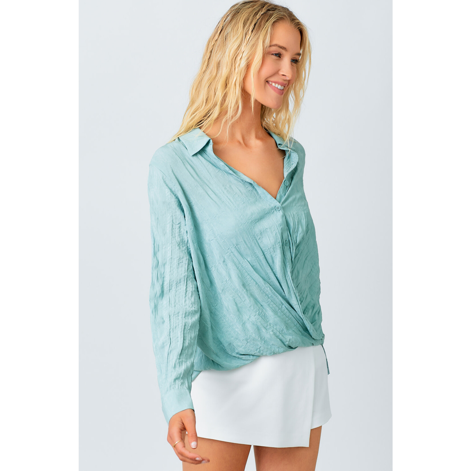 Mystree Surplice Button Down Blouse