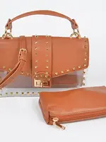 3AM Faux Leather Studded Clear Bag W/Purse Camel