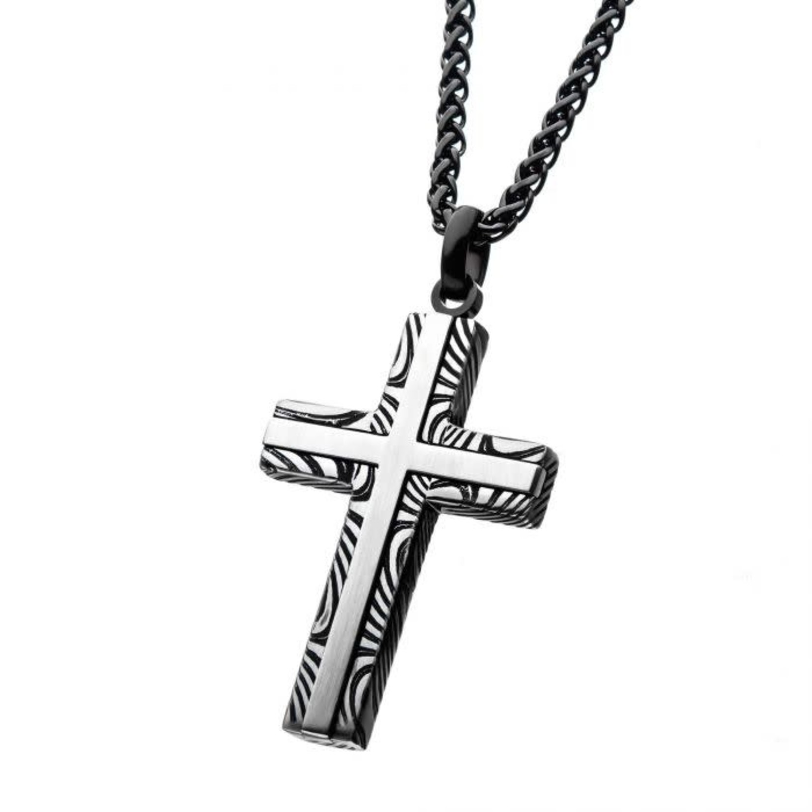INOX Stainless Steel Damascus Cross Pendant with Black Round Wheat Chain