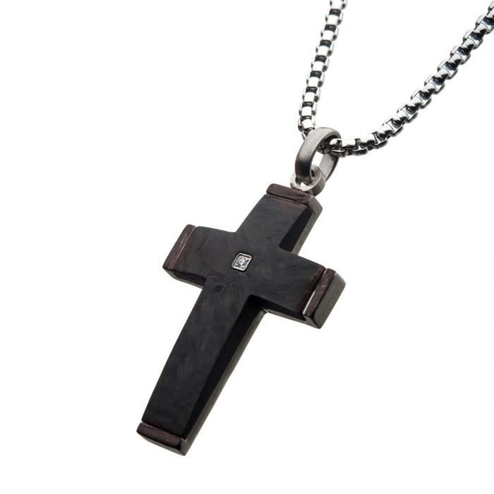 INOX Solid Carbon Cross Pendant with 1.5mm Genuine Clear Diamond