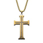INOX Clear CZ Gold Plated Cross Pendant in a Steel Frame with 22" Chain