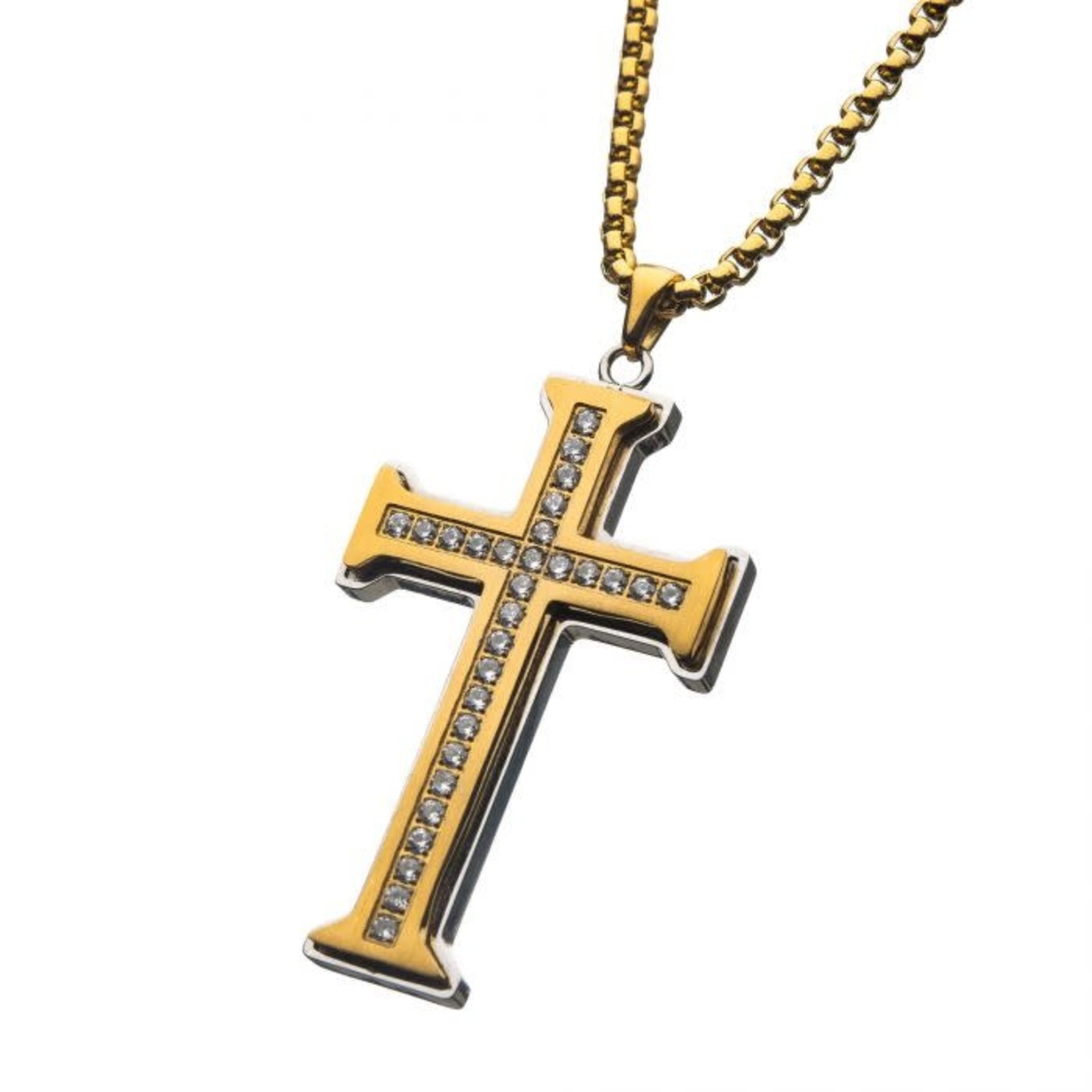 INOX Clear CZ Gold Plated Cross Pendant in a Steel Frame with 22" Chain