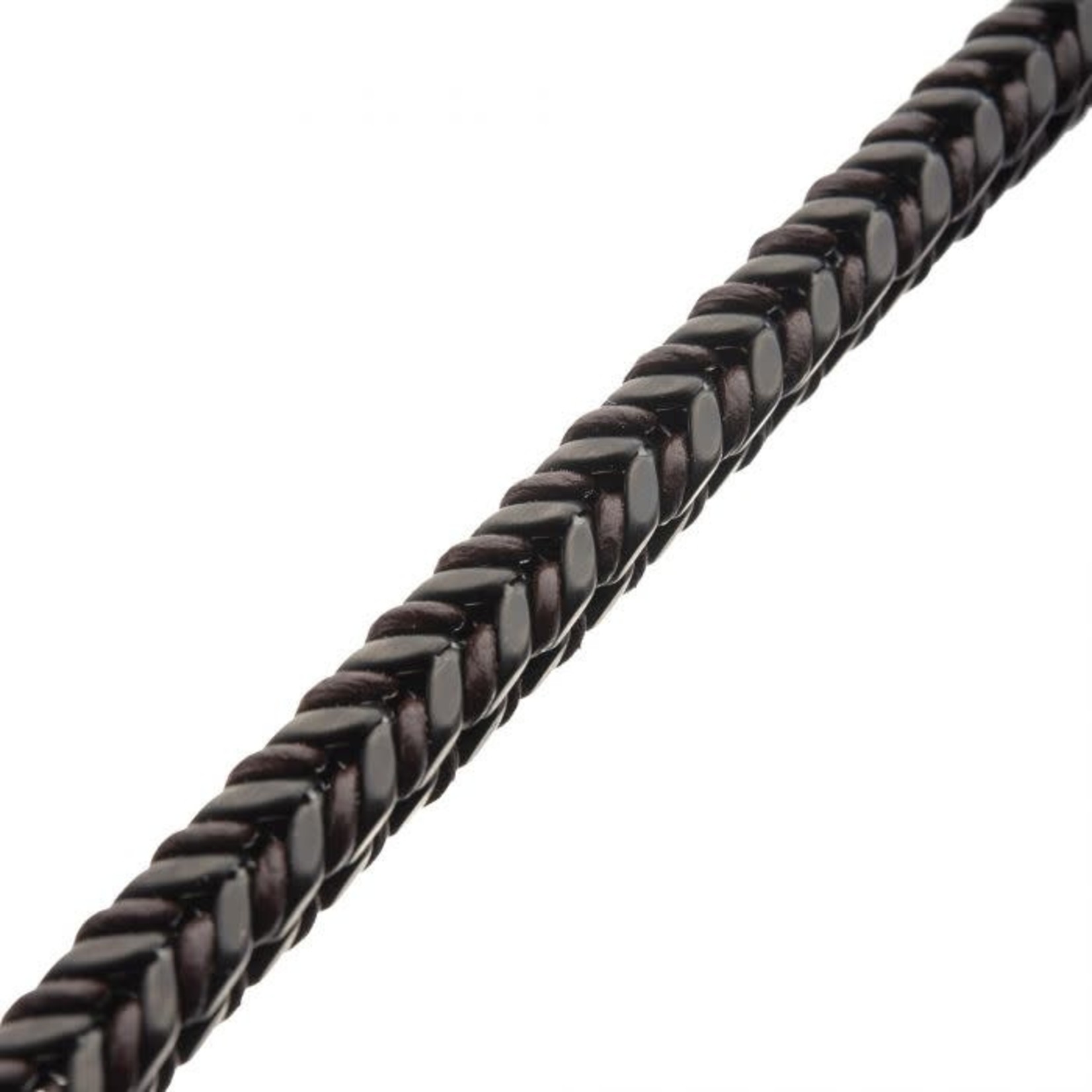 INOX Brown Leather Binding Steel Matte Black Chain Bracelet