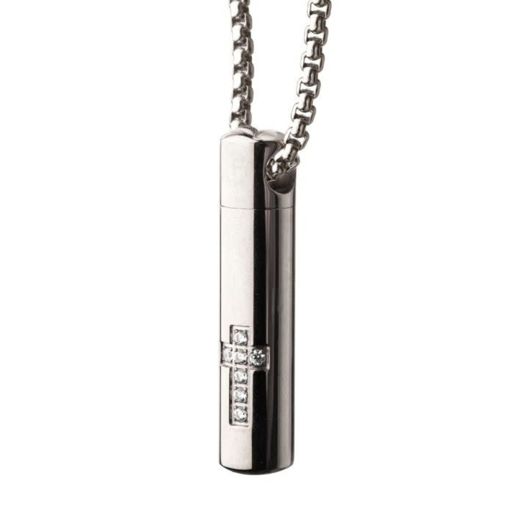 INOX Stainless Steel Memorial Cross Pendant with Clear CZ & Steel Box Chain