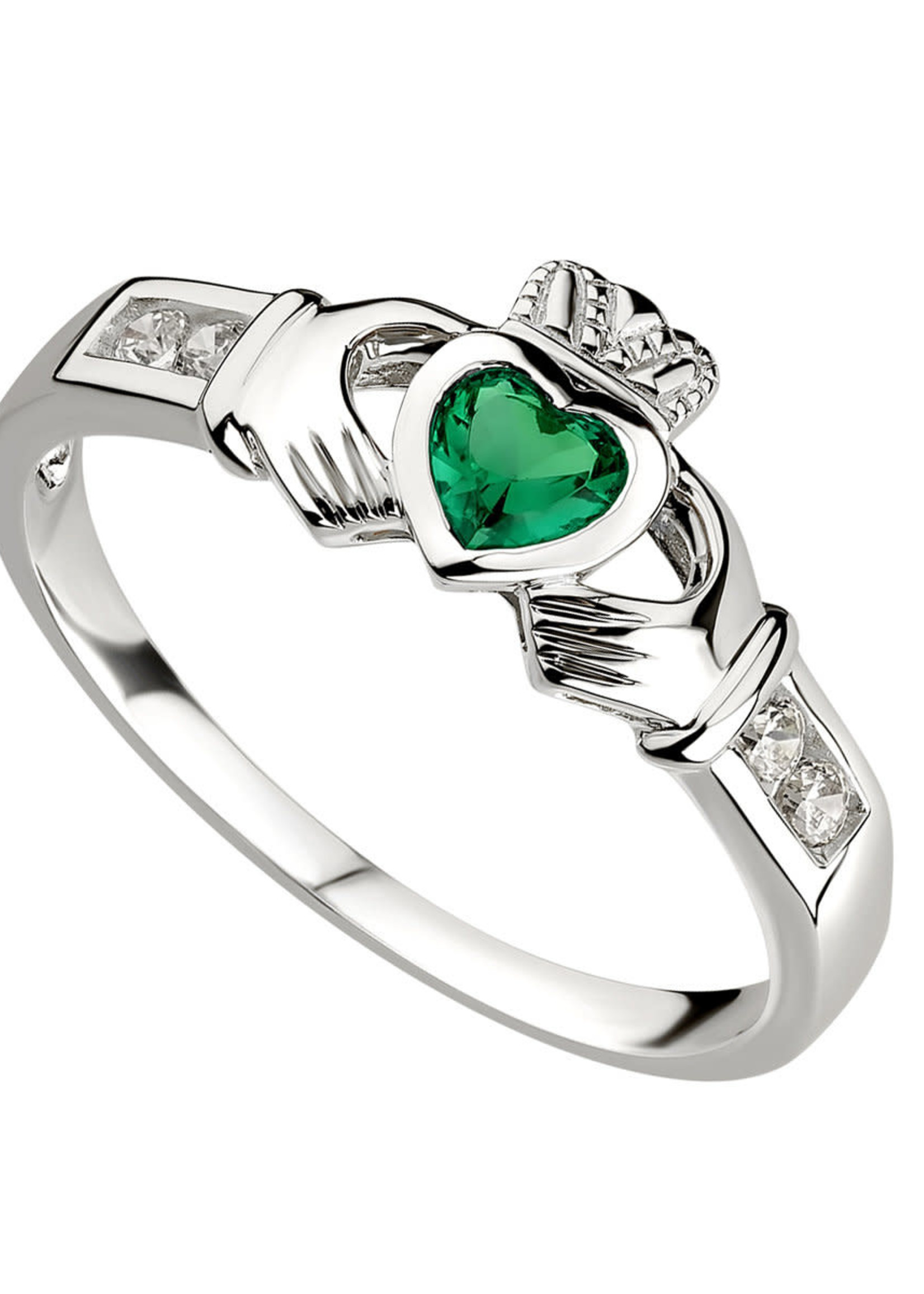 SOLVAR LIMITED Sterling Silver Synthetic Emerald/CZ Claddagh Ring Sz10