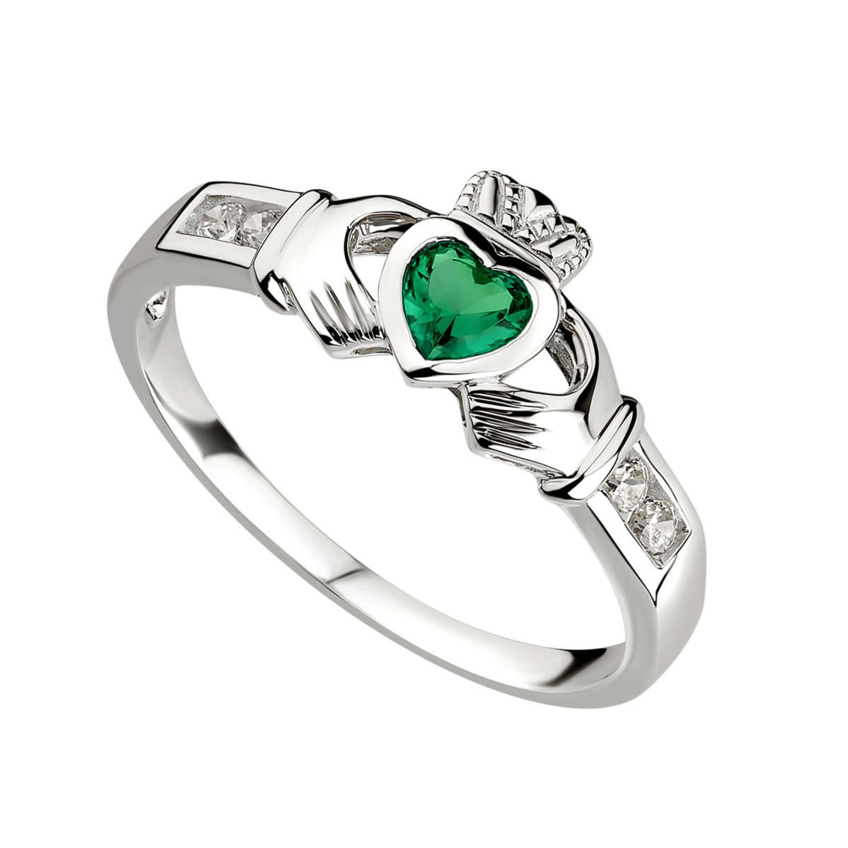 SOLVAR LIMITED Sterling Silver Synthetic Emerald/CZ Claddagh Ring Sz6