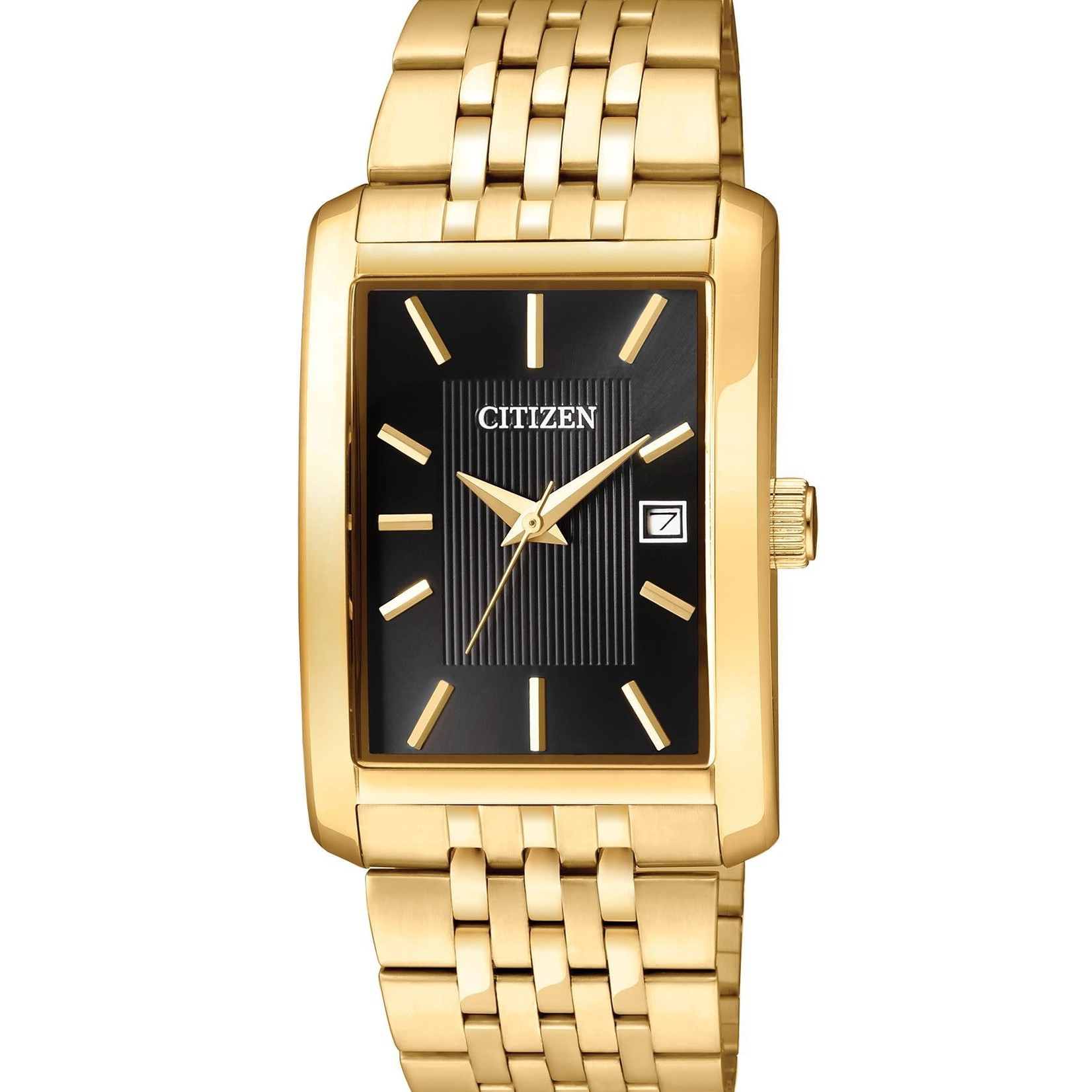 CITIZEN WATCH COMPANY Citizen Quartz Gold Tone Rectangular Black Dial Bracelet Watch w/Date