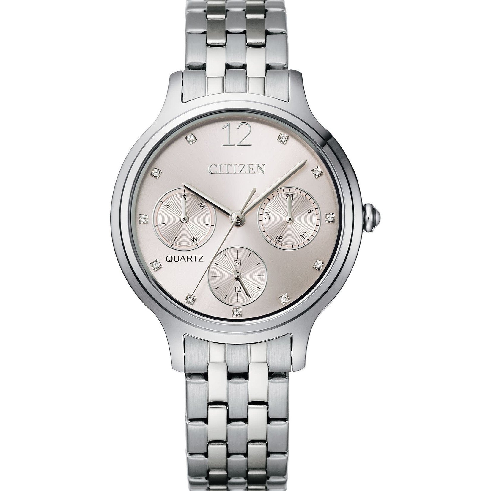 CITIZEN WATCH COMPANY Citizen Quartz Silver Tone Crystal Accent Bracelet Watch w/Day/Date