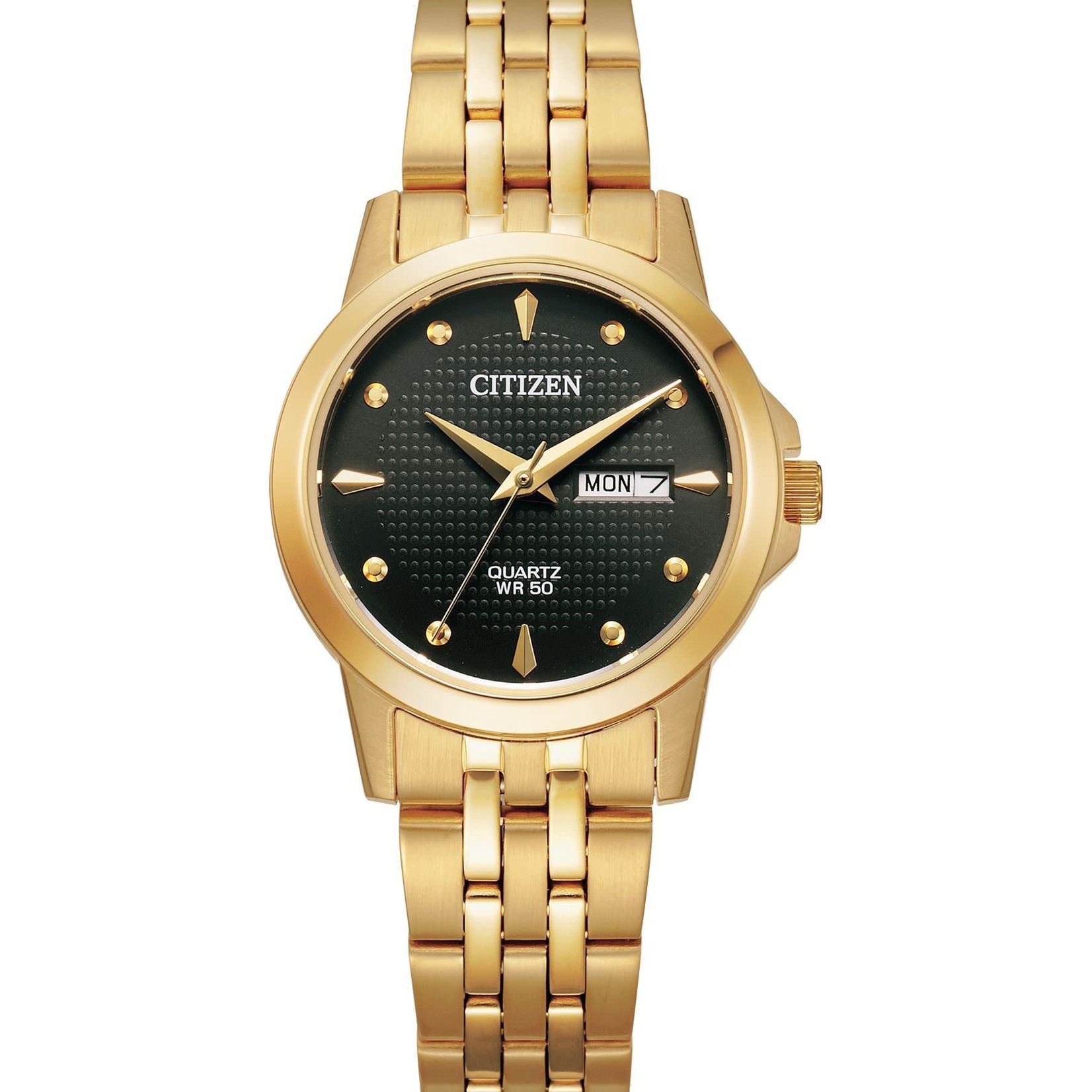 CITIZEN WATCH COMPANY Ladies Citizen Quartz Gold Tone Day/Date Bracelet Watch w/Black Dial