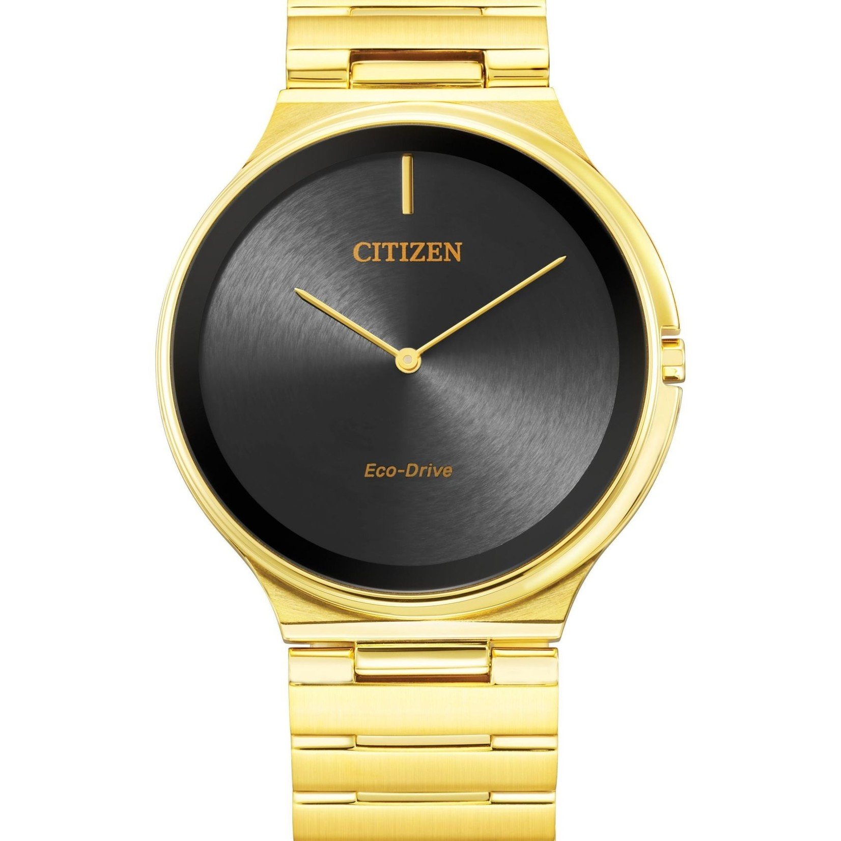 Citizen Eco-Drive Gold Tone Stiletto Sapphire Crystal Black Dial -  Robinette Jewelers