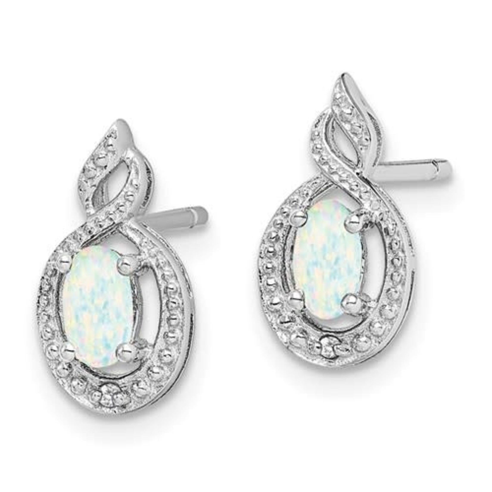 QUALITY GOLD OF CINCINNATI INC Sterling Silver Rhodium Plated Created Opal and Diamond Earrings