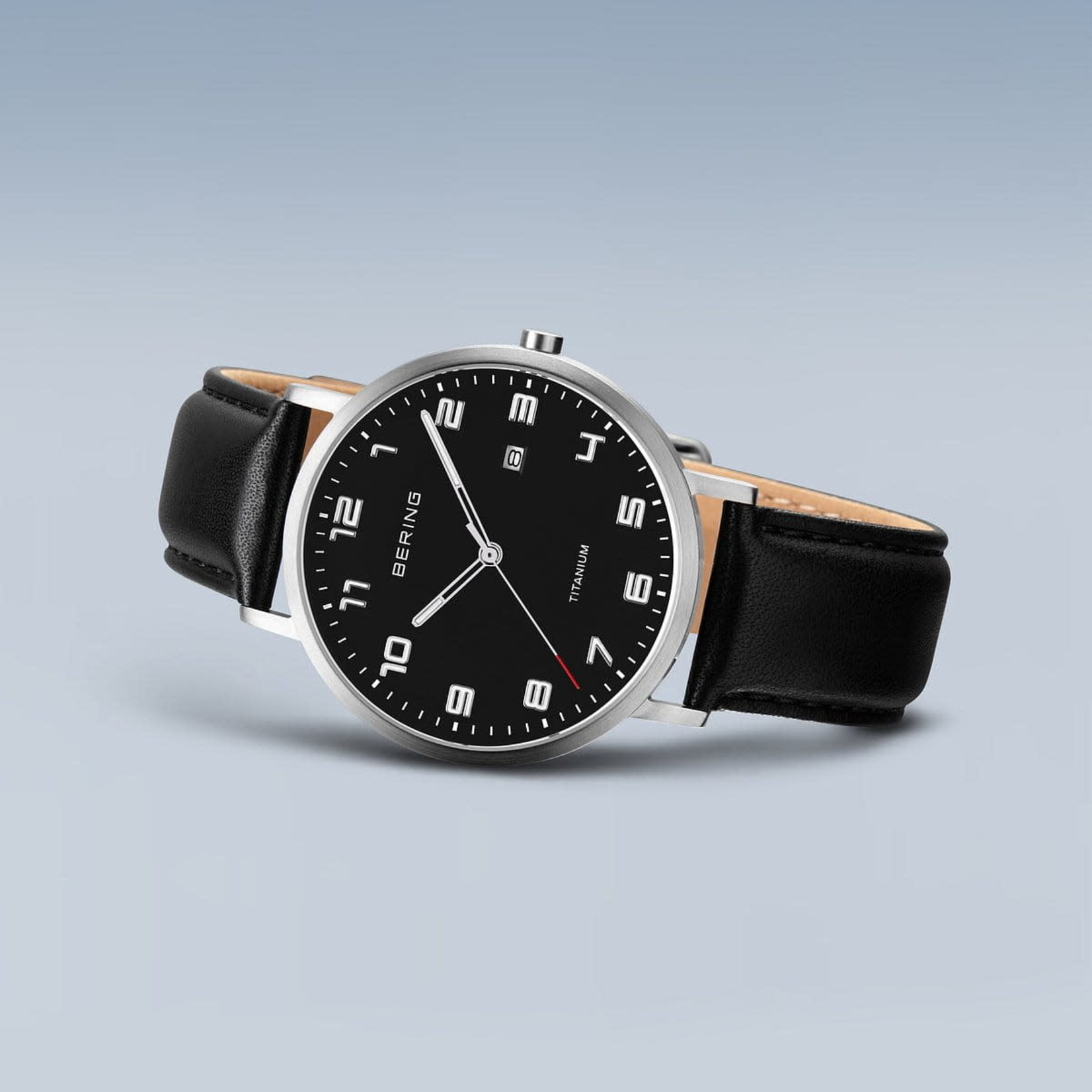 BERING Bering Titanium Watch w/Leather Strap, Black Dial & Date