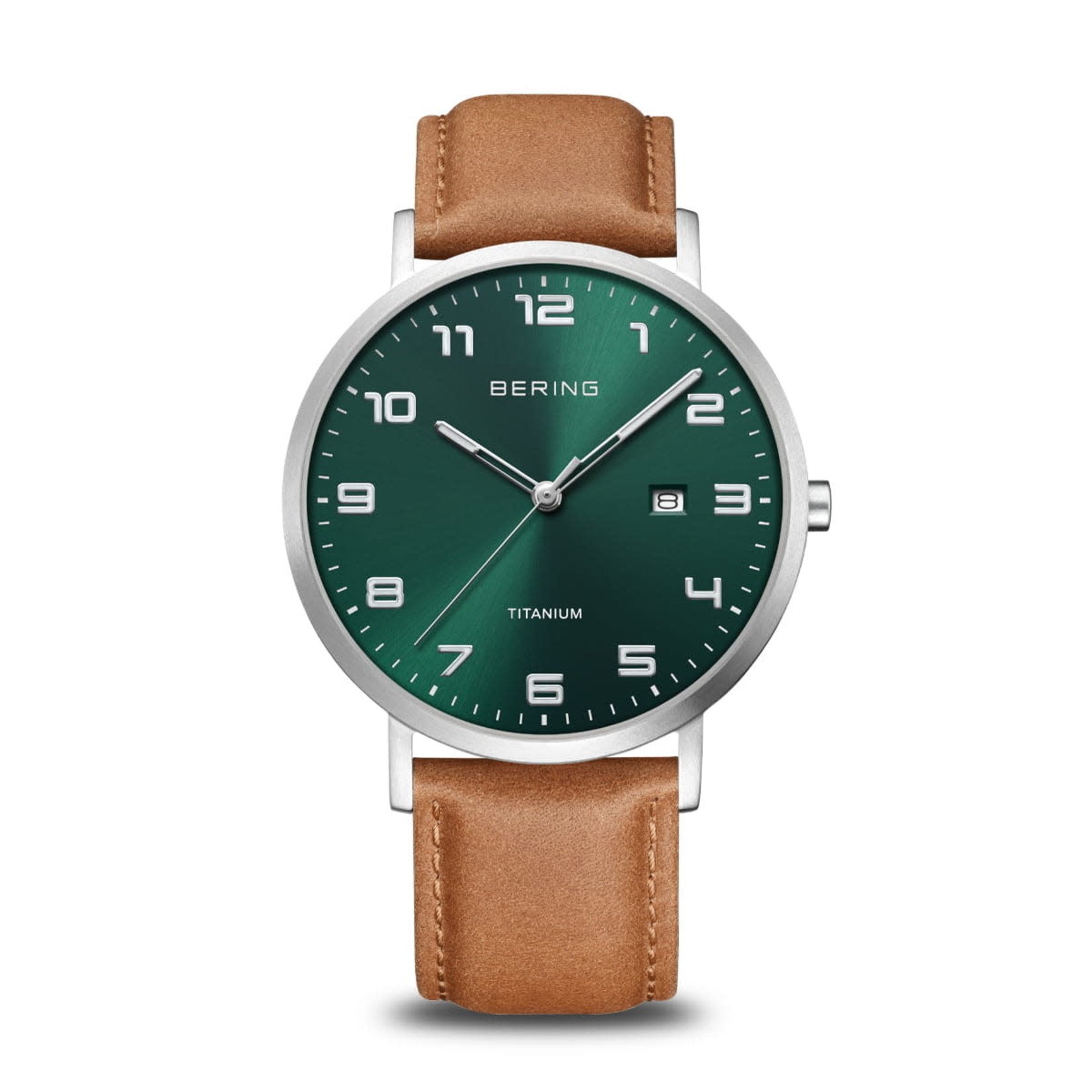 BERING Bering Titanium Watch w/Leather Strap, Green Dial & Date