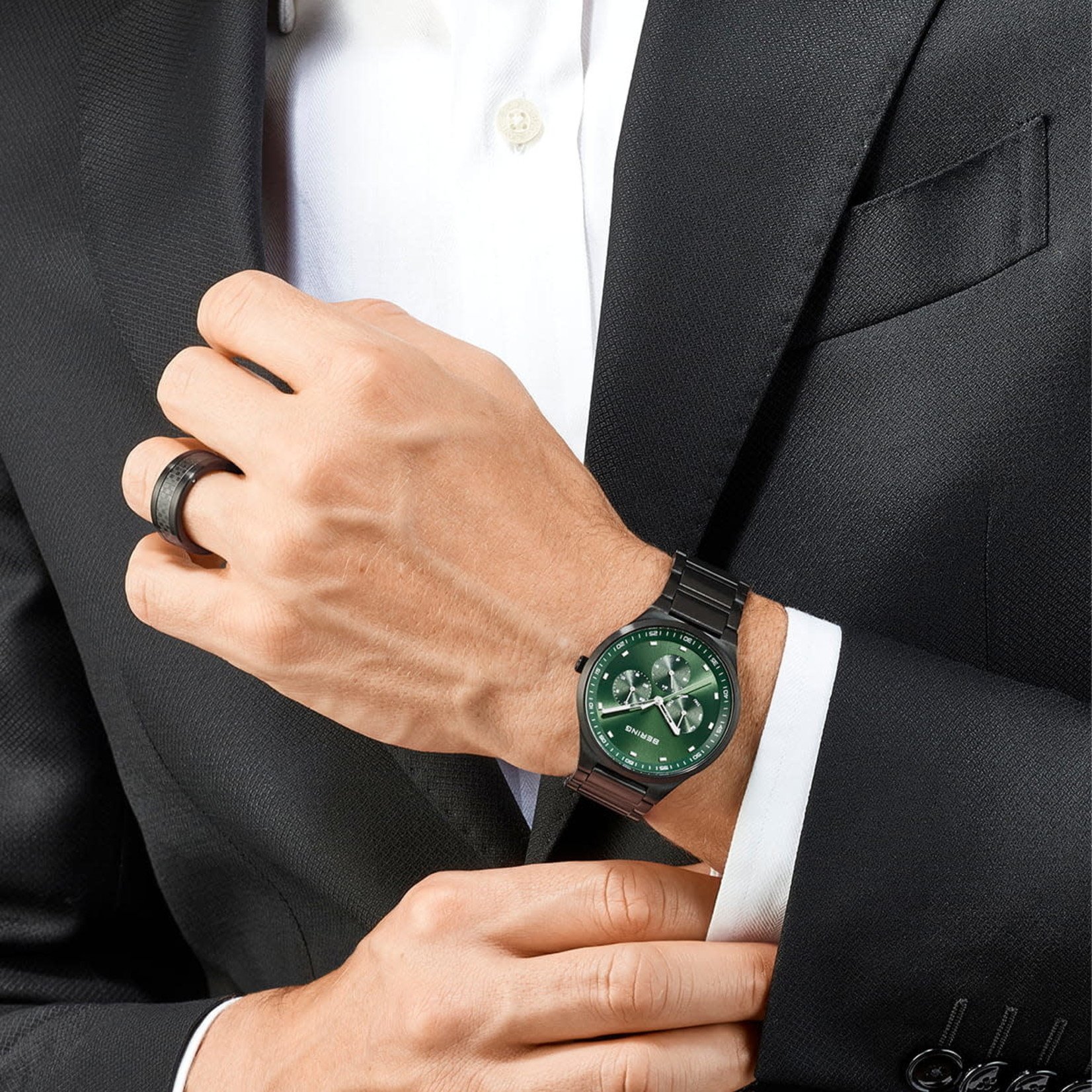 Bering Black Stainless Steel Classic w/Green Dial, Day, Date & 24