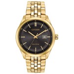 CITIZEN WATCH COMPANY Men's Citizen Gold Tone Eco-Drive Black Dial w/Date Sapphire Crystal