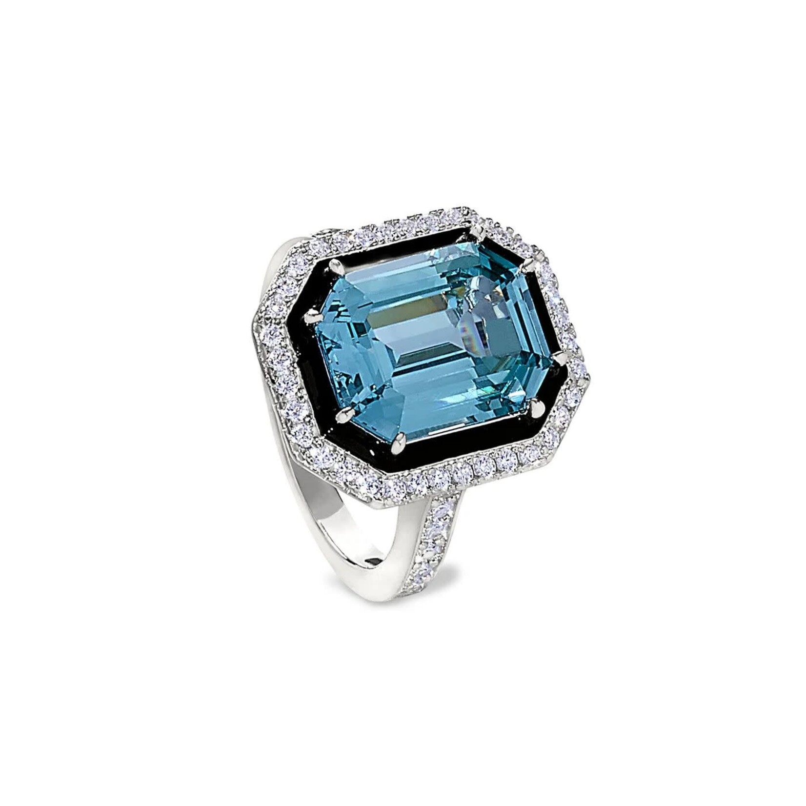KELLY WATERS INC. Sterling Silver Black Enamel & Aqua Spinel w/Simulated Diamonds Ring