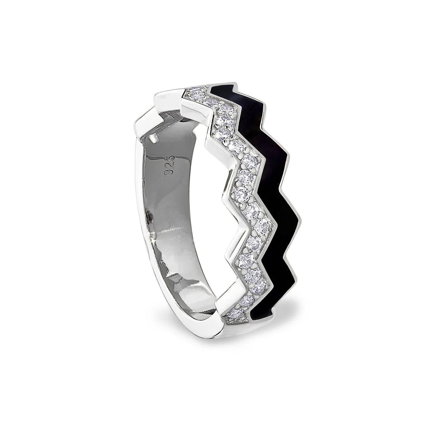 Sterling Silver Black Enamel w/Simulated Diamonds Ring