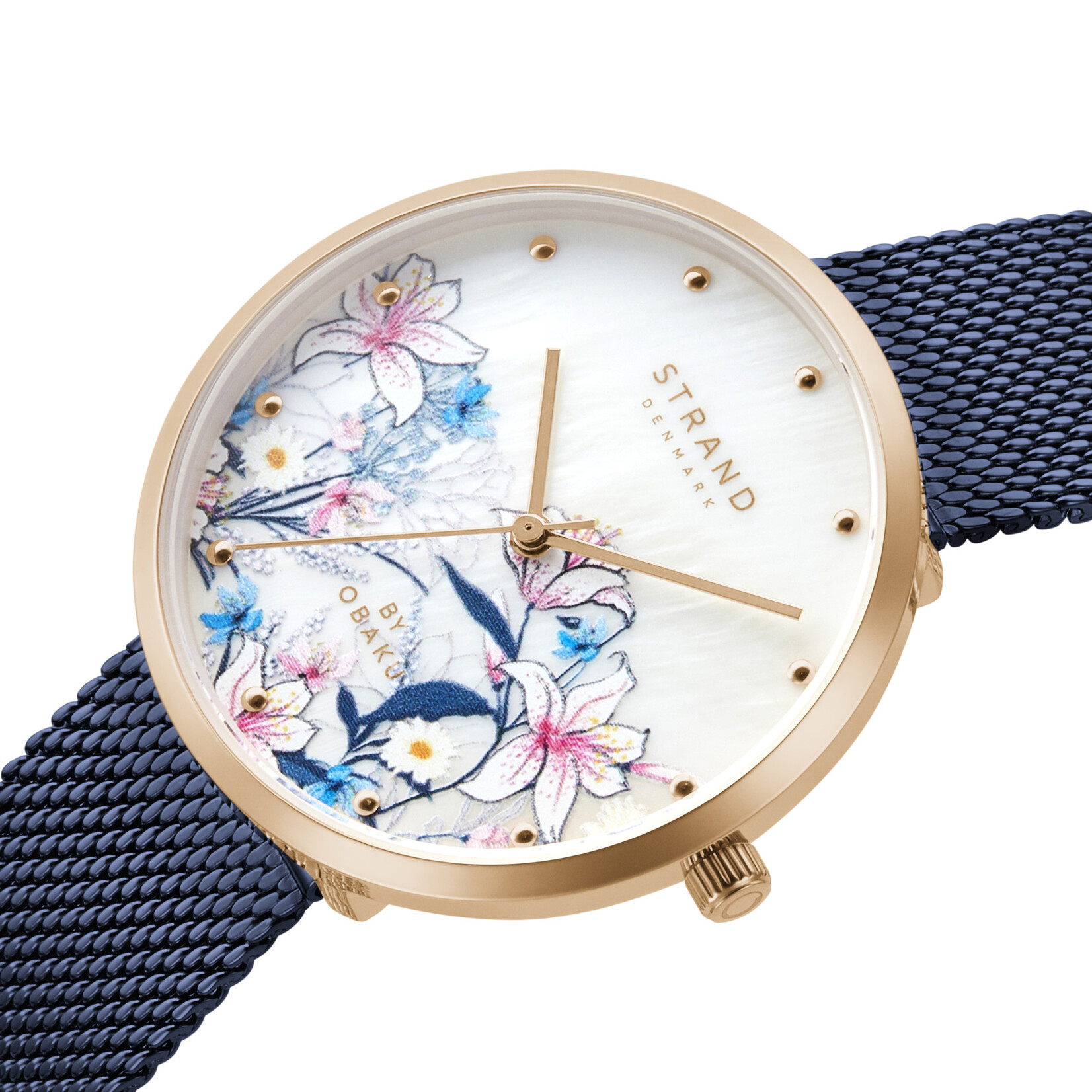 STRAND STRAND Pinktone case Flowers Dial/ Blue mesh band Watch