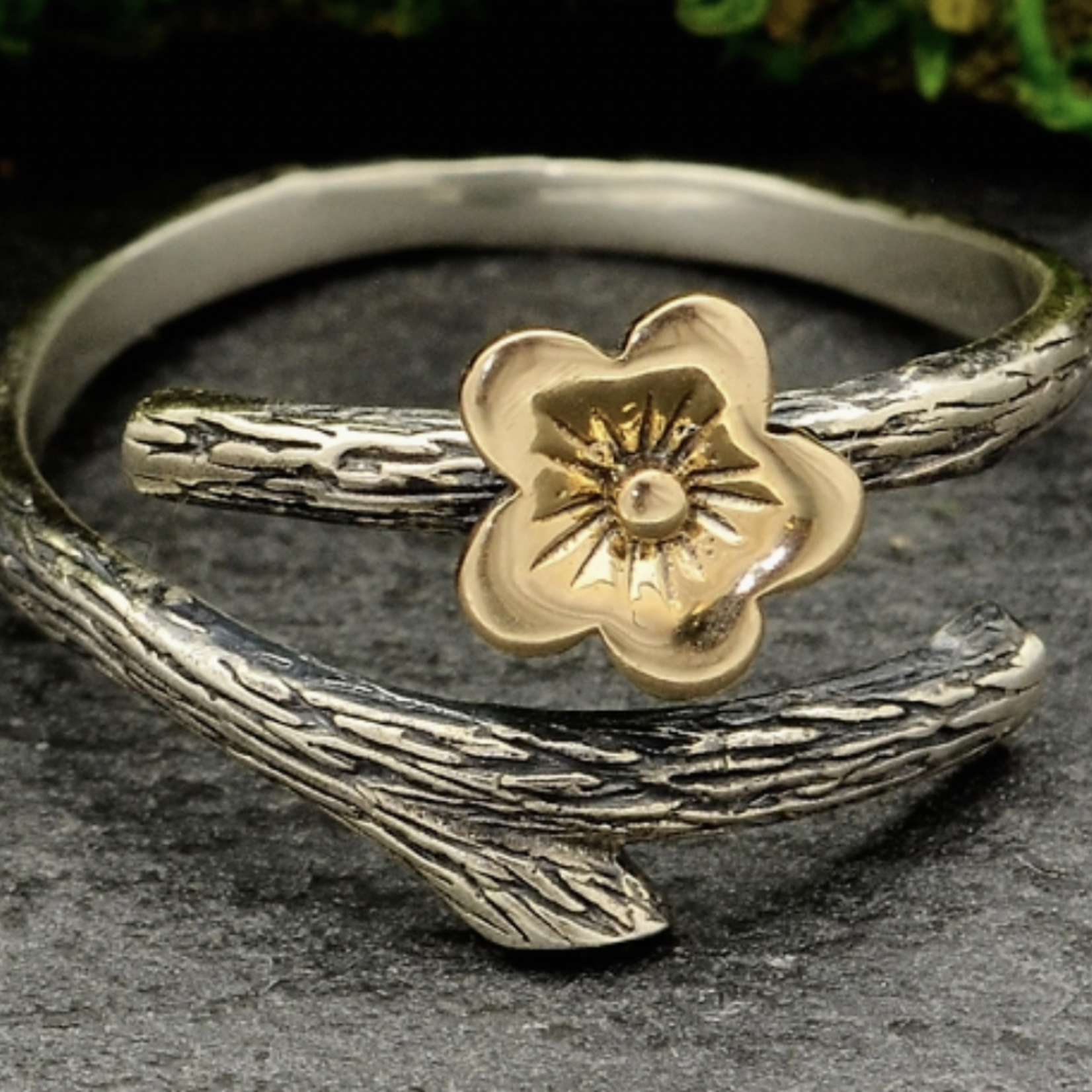 *Cherry Blossom Branch Ring · Bronze & Silver · Adjustable