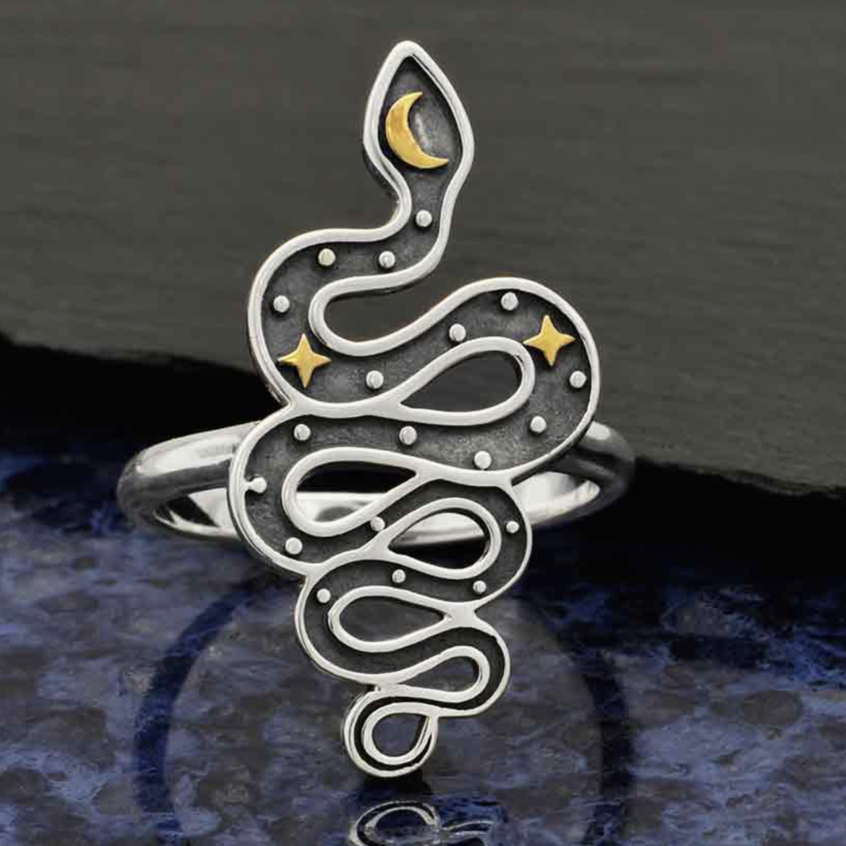 *Snake with Bronze Star and Moon Ring · Silver · 8