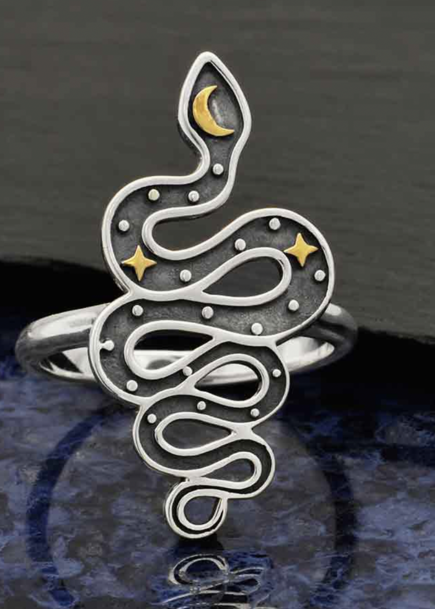 Sterling Silver Snake Ring With Bronze Star and Moon
