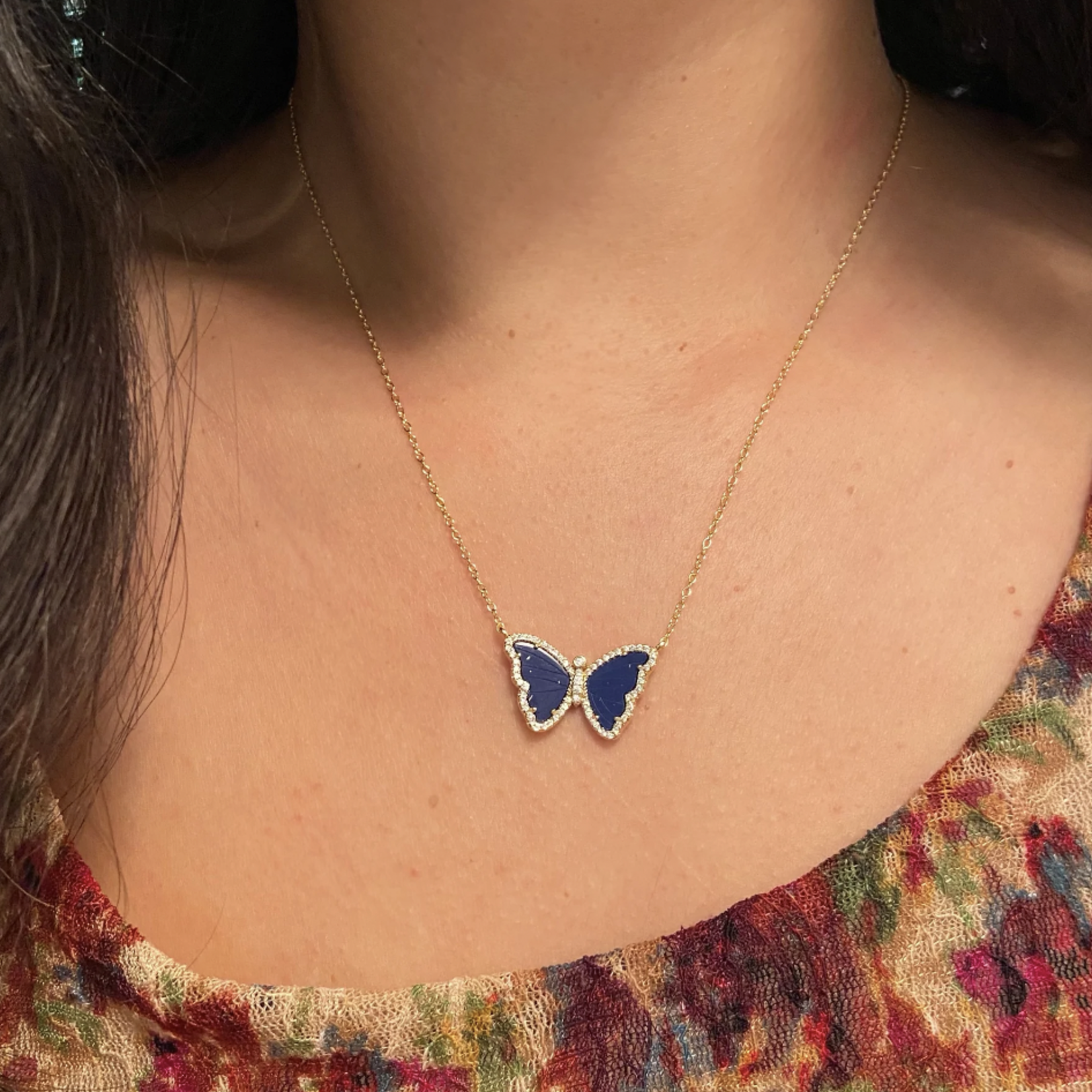 Blue Lapis Butterfly Necklace with Crystals - Gold