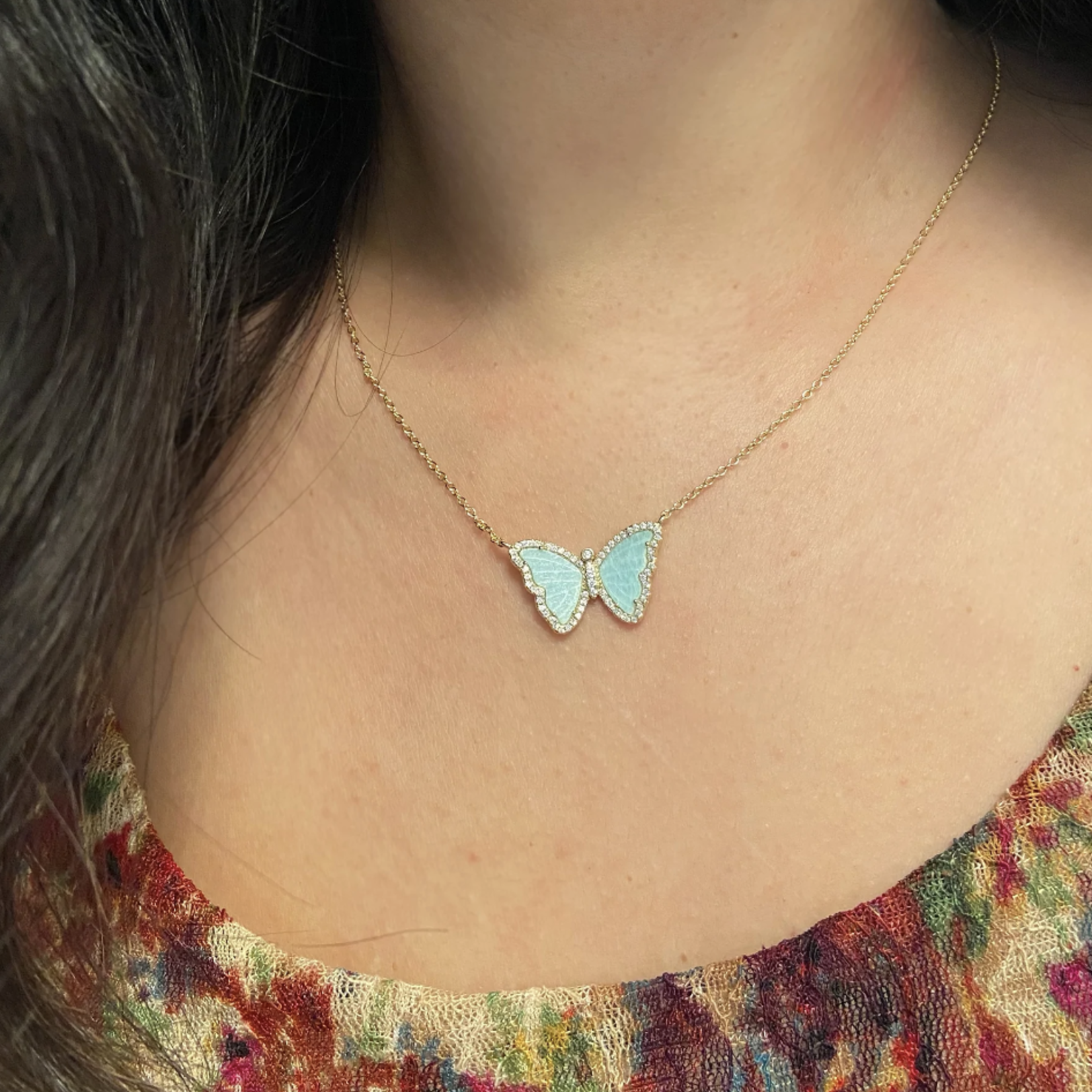 Amazonite Butterfly Necklace with Crystals - Gold