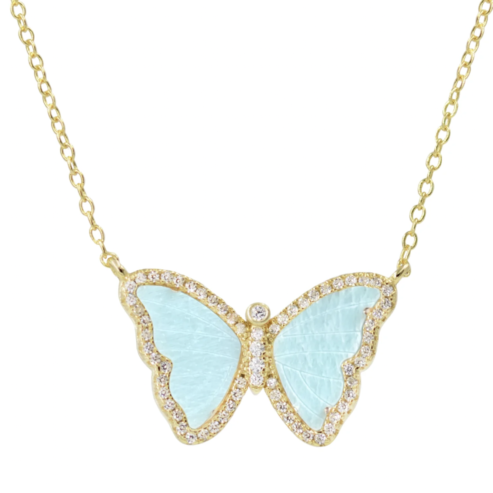 Amazonite Butterfly Necklace with Crystals - Gold