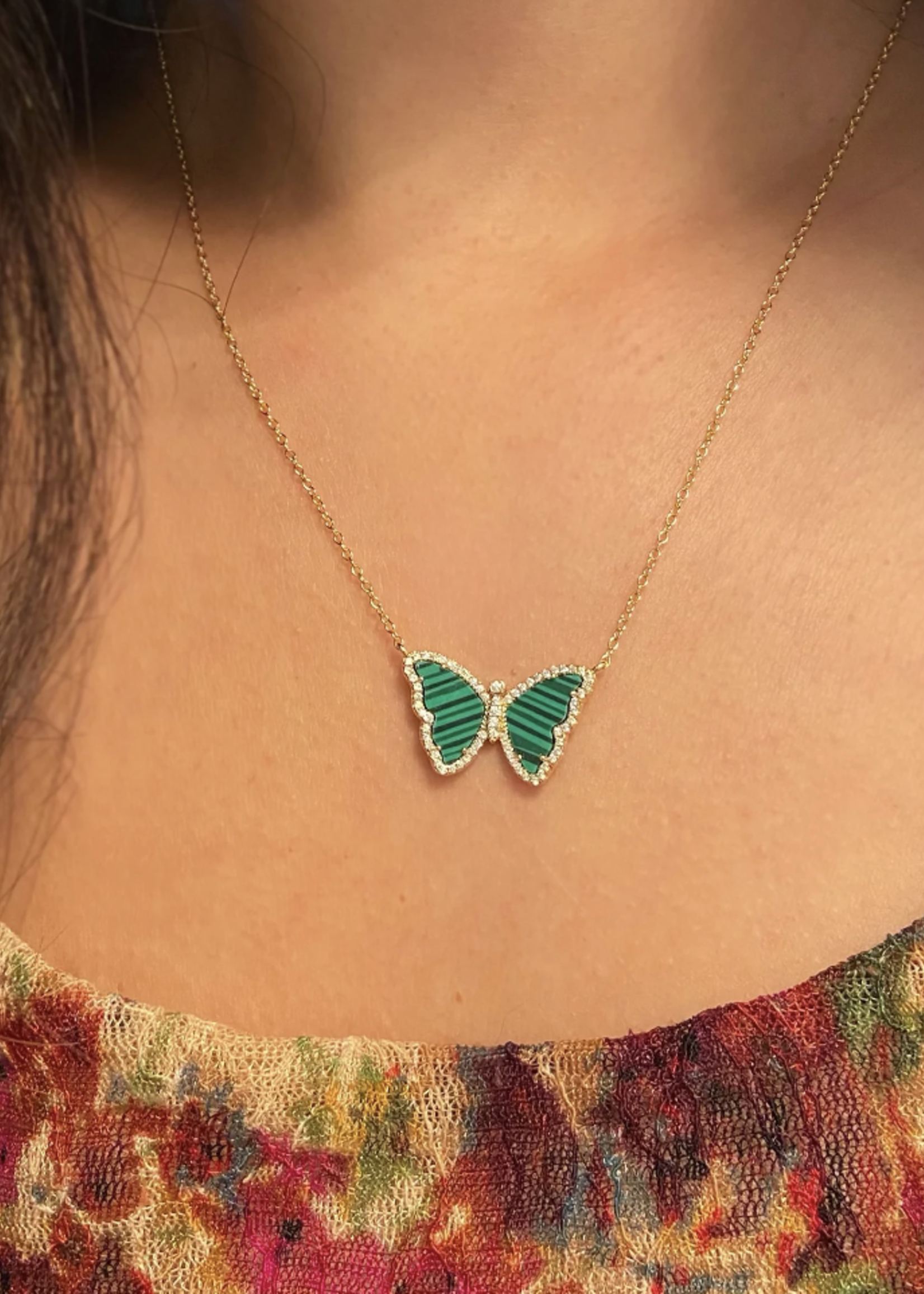 Malachite Butterfly Necklace with Crystals - Gold