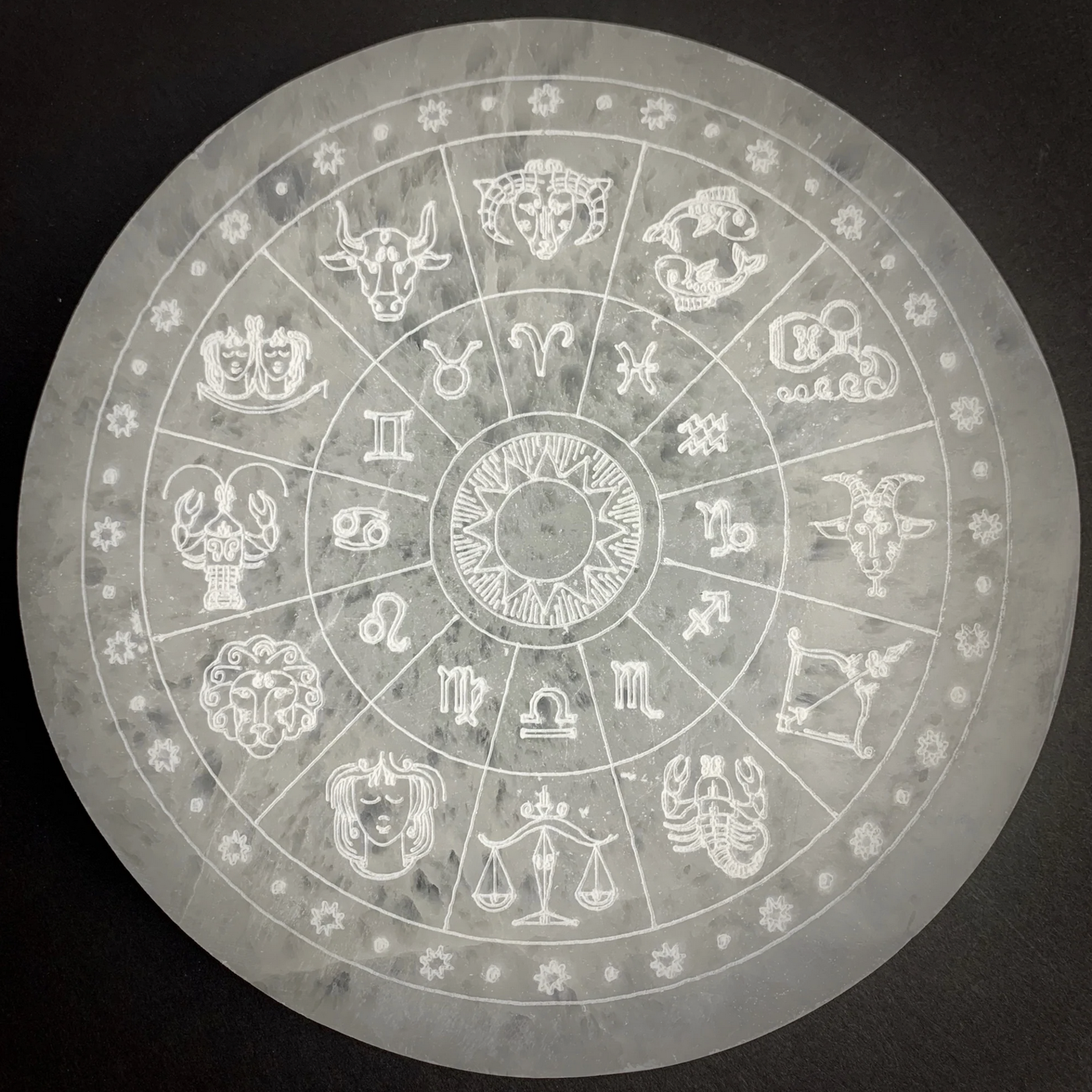 Morocco Minerals Zodiac Wheel Round Selenite Plate | 15cm