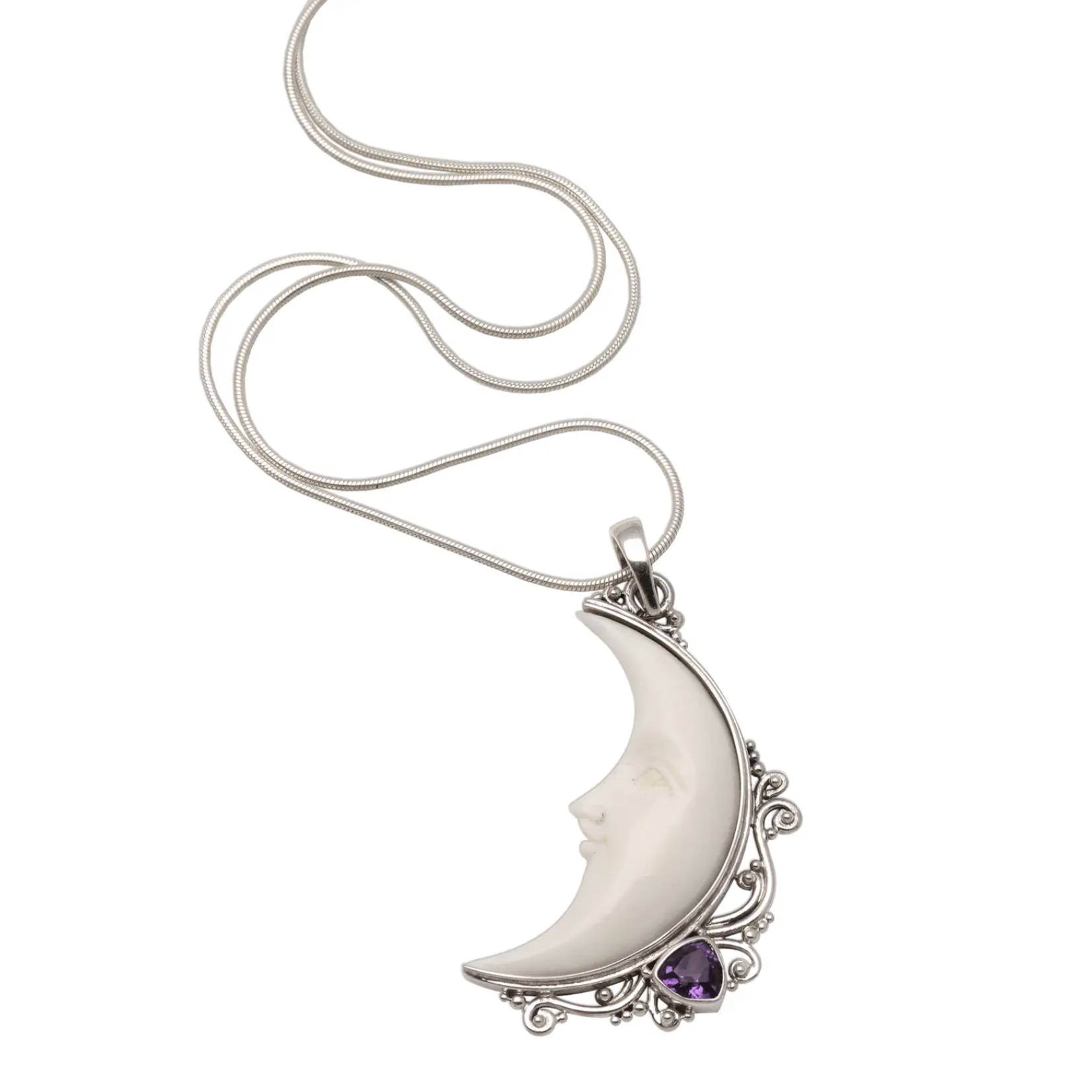 Resting Moon Amethyst and Bone Pendant Necklace · Silver