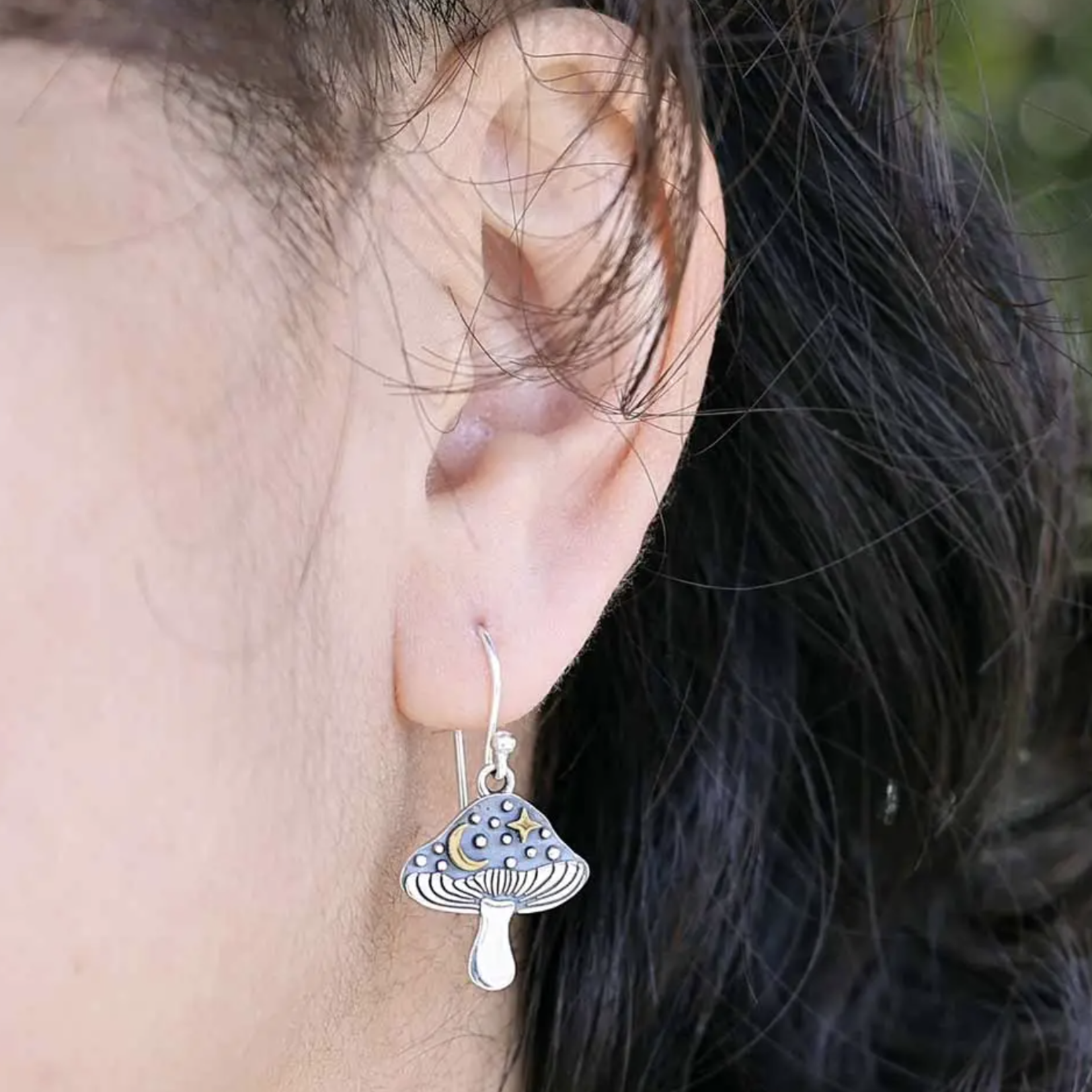 Mushroom with Bronze Moon + Star Earrings · Silver
