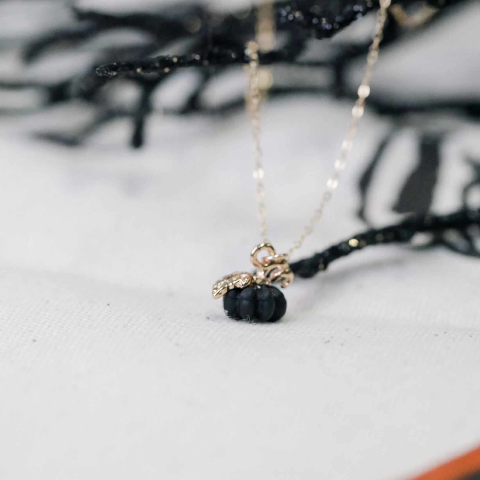 Black Dainty Pumpkin Charm Necklace · Gold