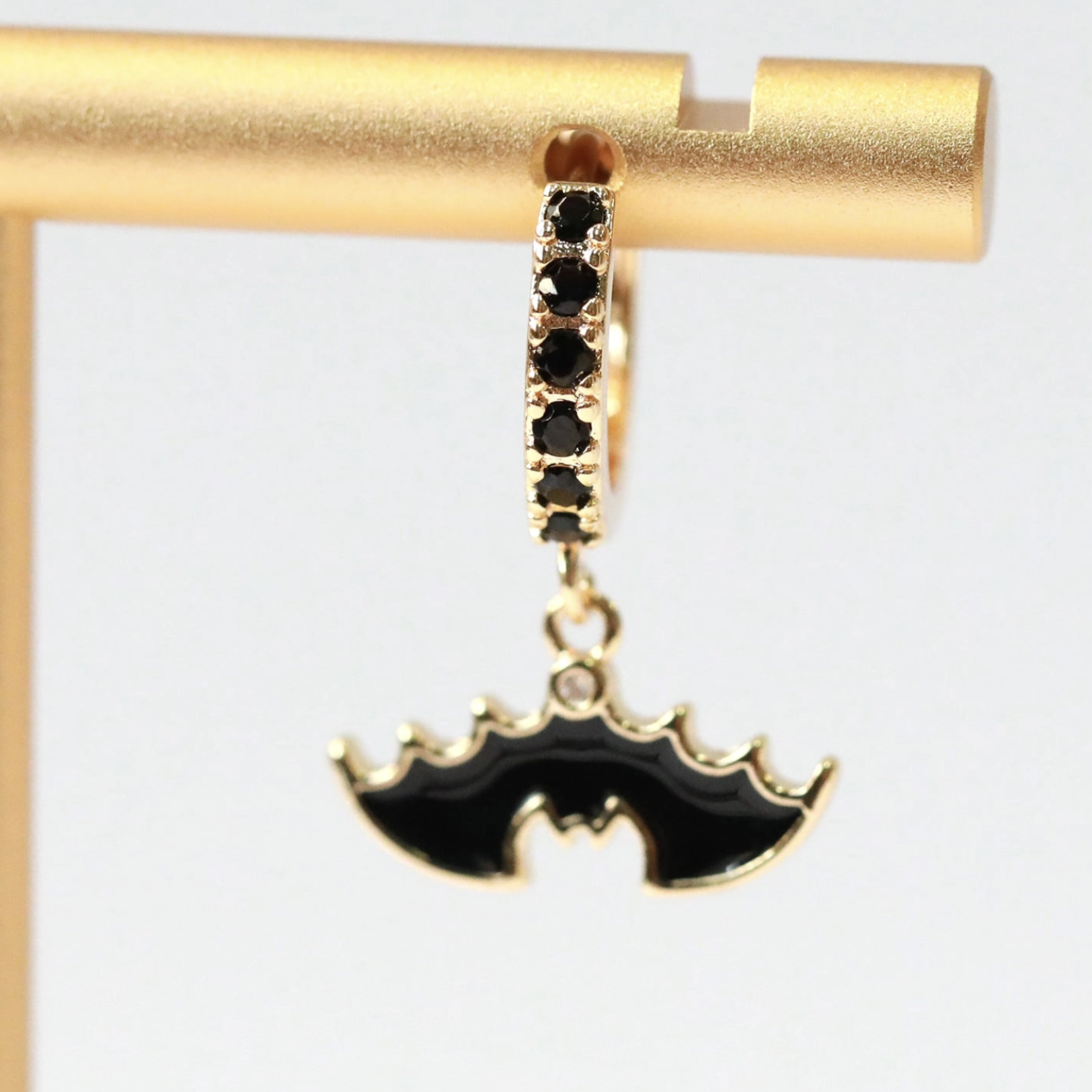 Black CZ Bat Charm Huggie Earrings