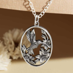 Flowers and Hummingbird Necklace · Silver