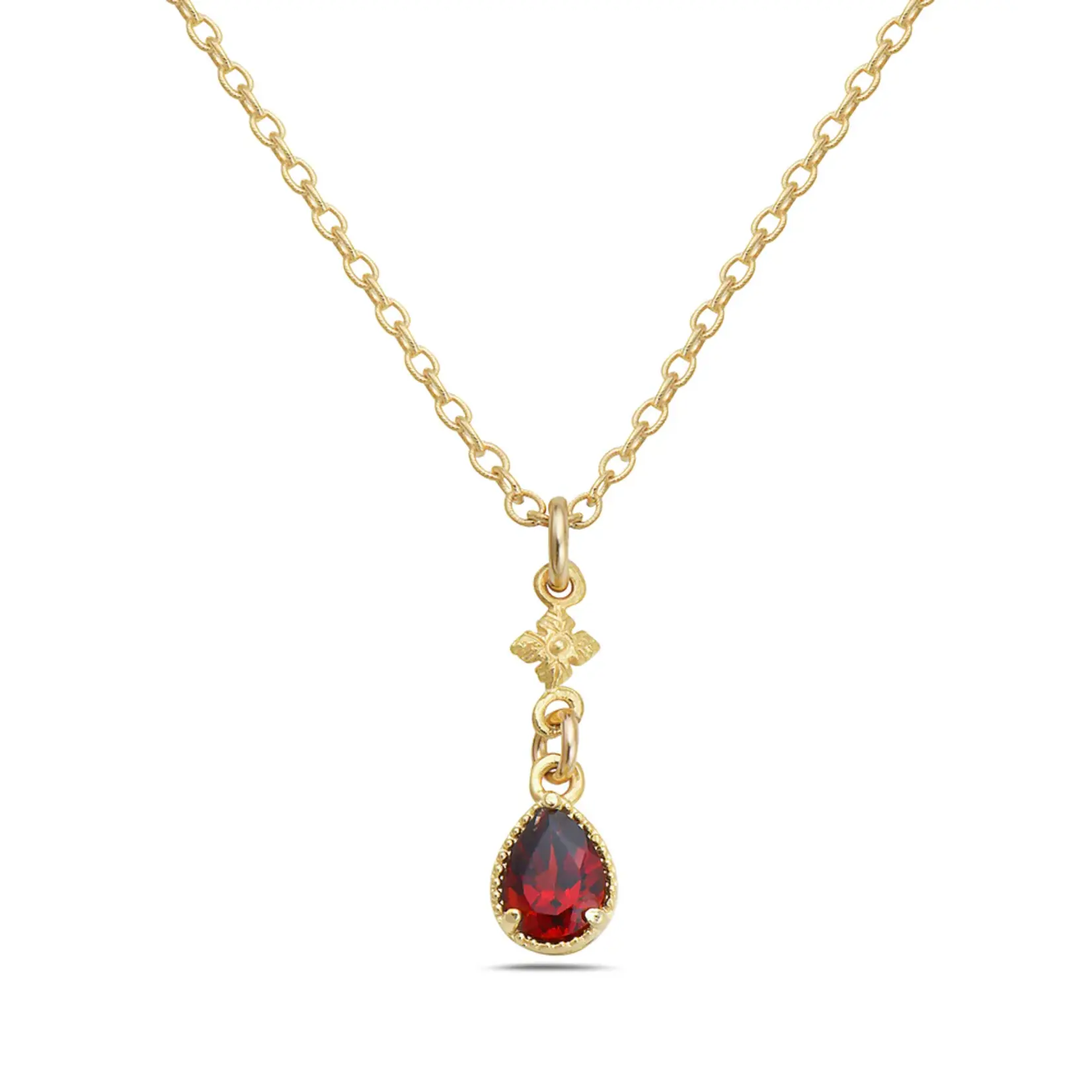 *Garnet Necklace · Tear Shaped w/Flower · 18K Gold Vermeil