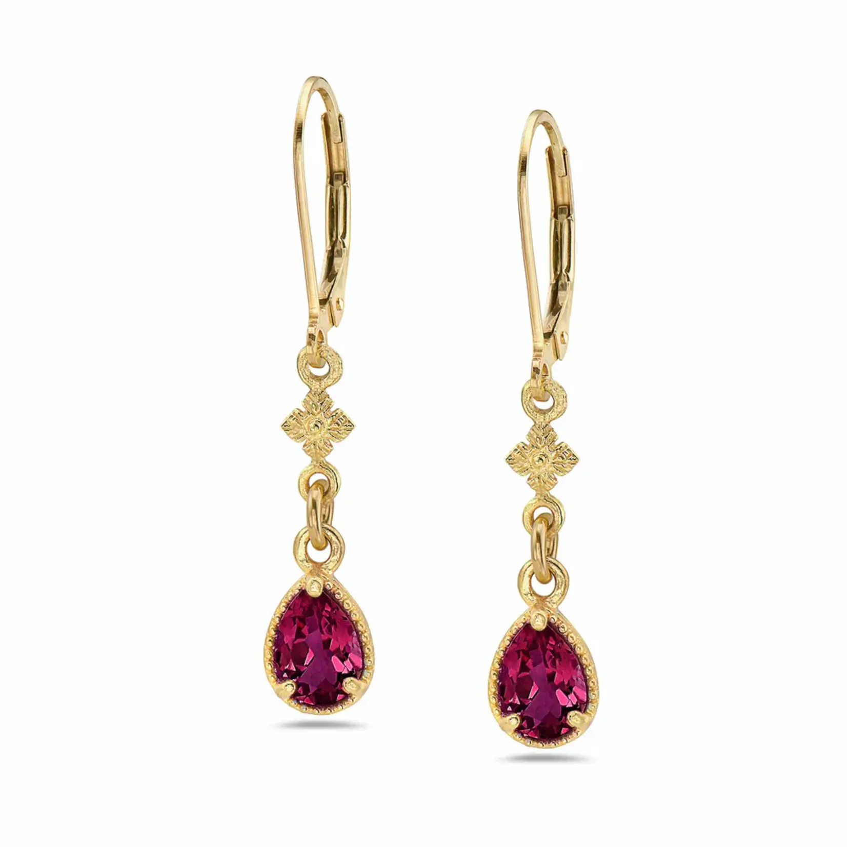 Rhodolite Garnet Earrings  · Tear Shaped w/Flower · 18K Gold Vermeil