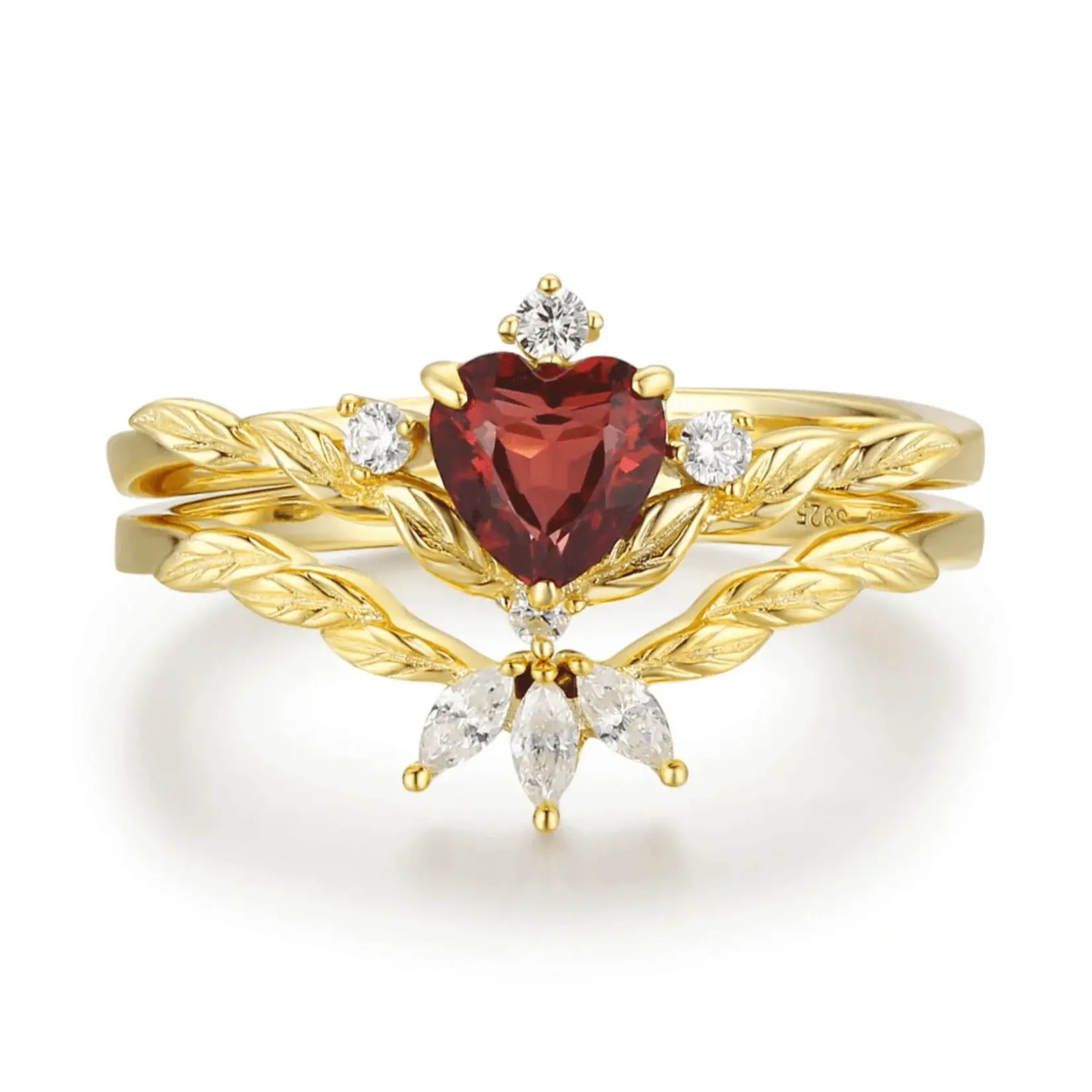 Azura Jewelry Flaming Heart Garnet Ring Set · White Gold Vermeil