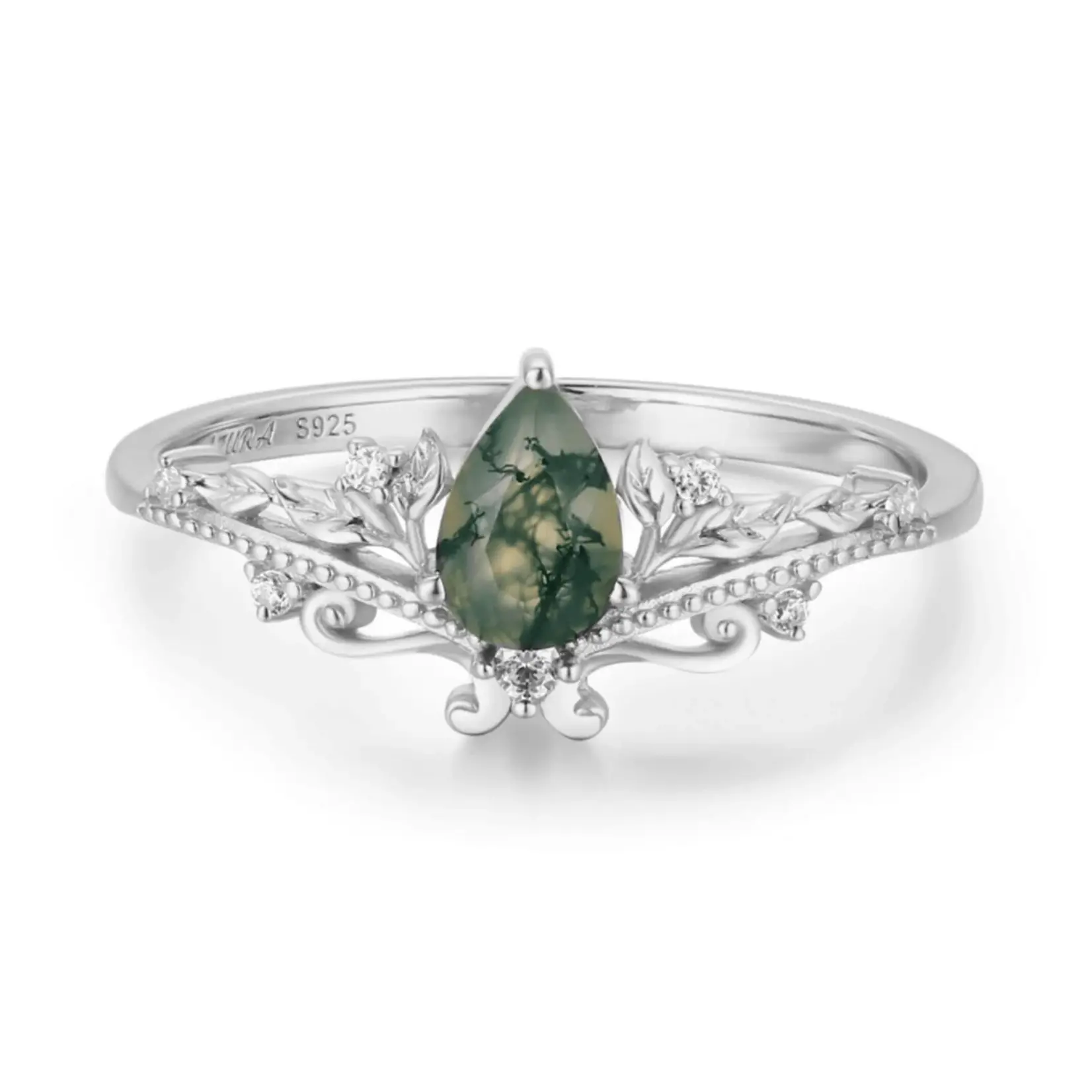 Azura Jewelry Lotus Moss Agate Ring · White Gold Vermeil