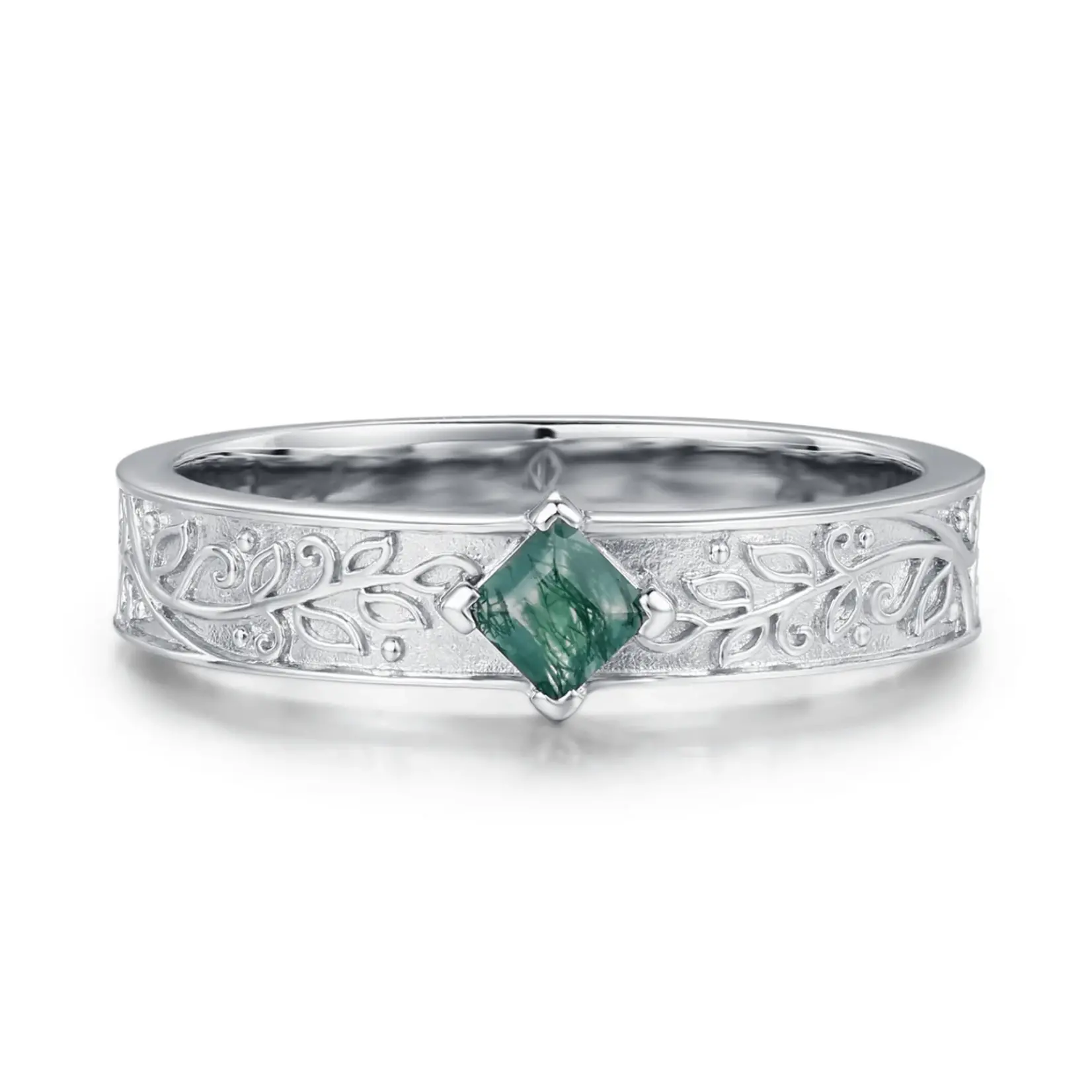 *Oakleaf Moss Agate Ring · White Gold Vermeil ·