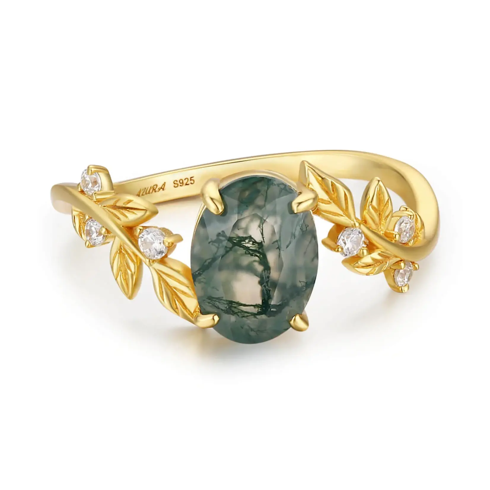 Azura Jewelry Between the Leaf Oval Moss Agate Ring · Yellow Gold Vermeil · 8